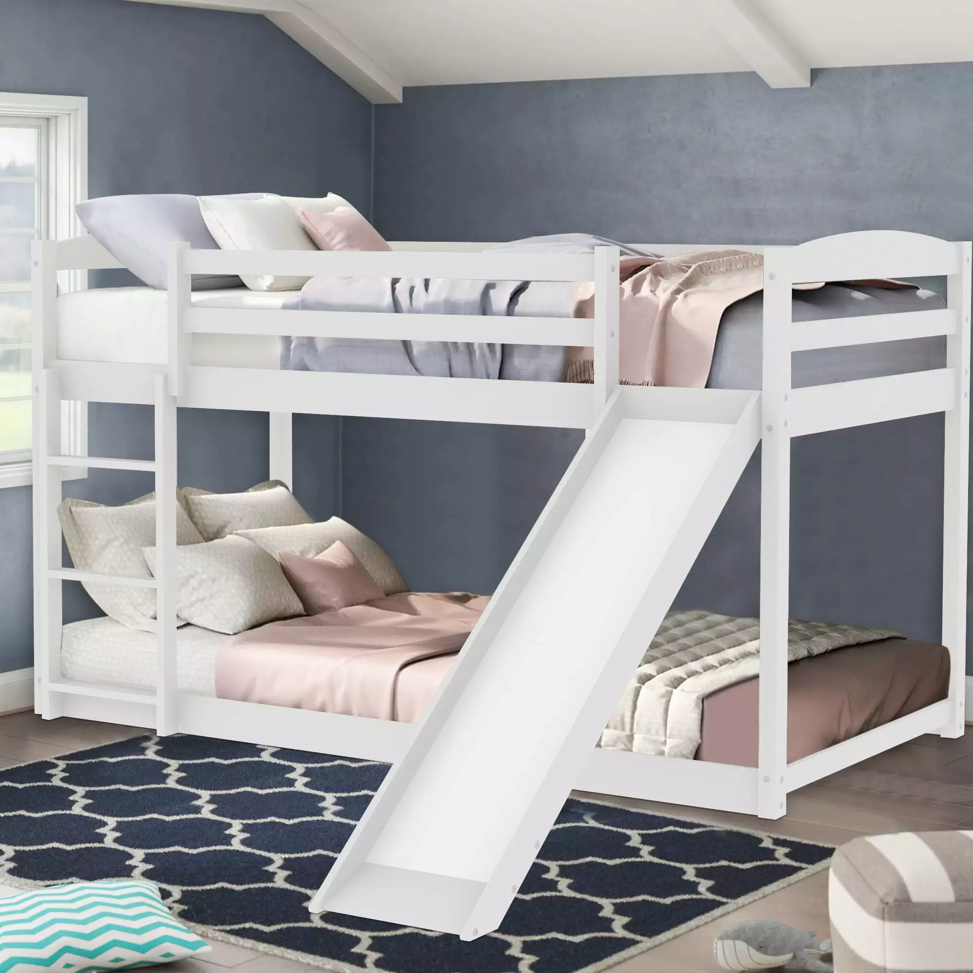 Twin Over Twin Wooden Bunk Bed Convertible Slide High Guardrail Kid Bed Frame White 400 lbs Capacity TE848 Sesslife