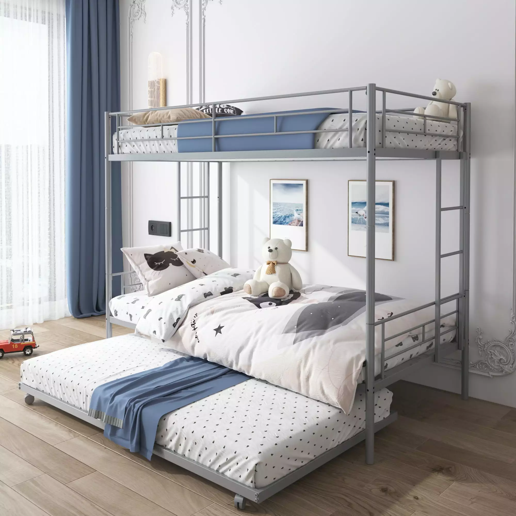 Syngar Twin over Twin Bunk Bed Trundle - Space Saving Kids Bedroom Furniture Silver