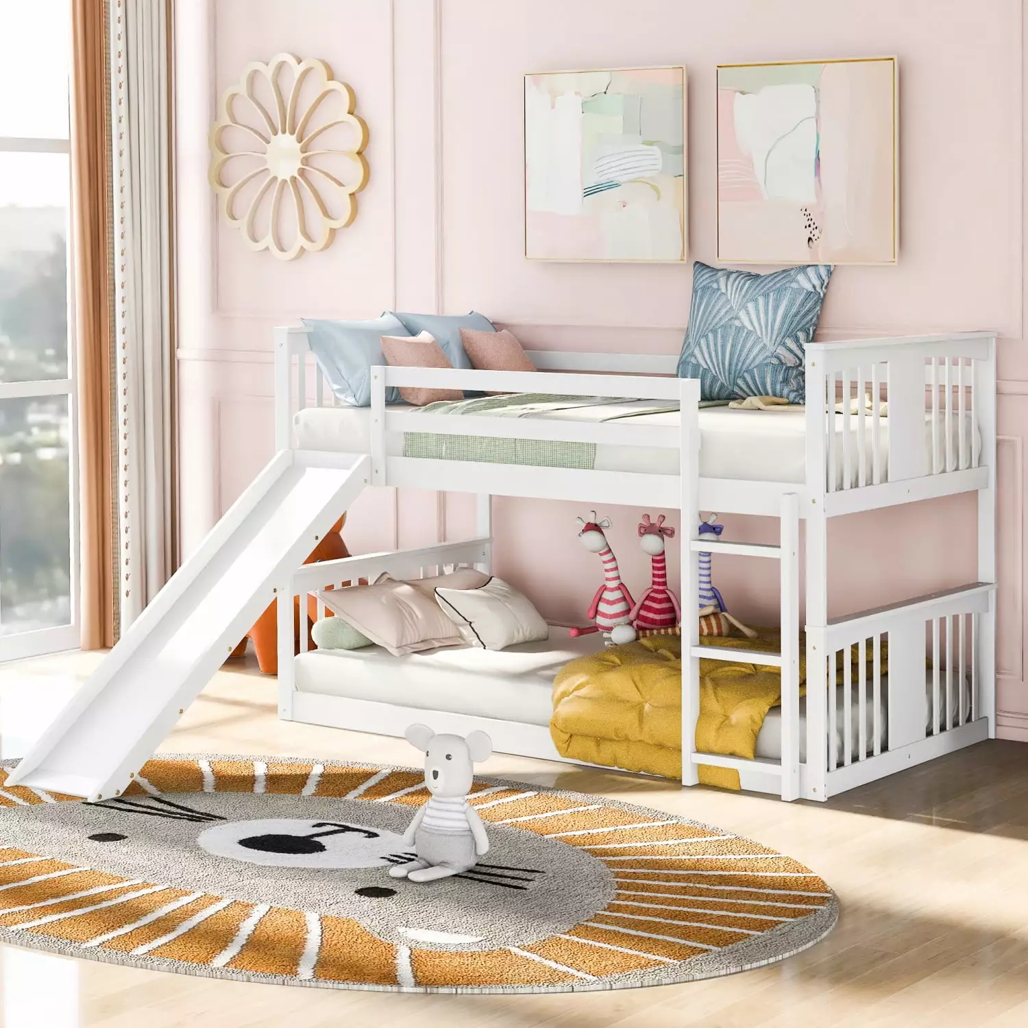 Bunk Bed Twin Over Twin Size Wooden Bunk Bed Frame Slide and Ladder Kids Teens Triple Tree