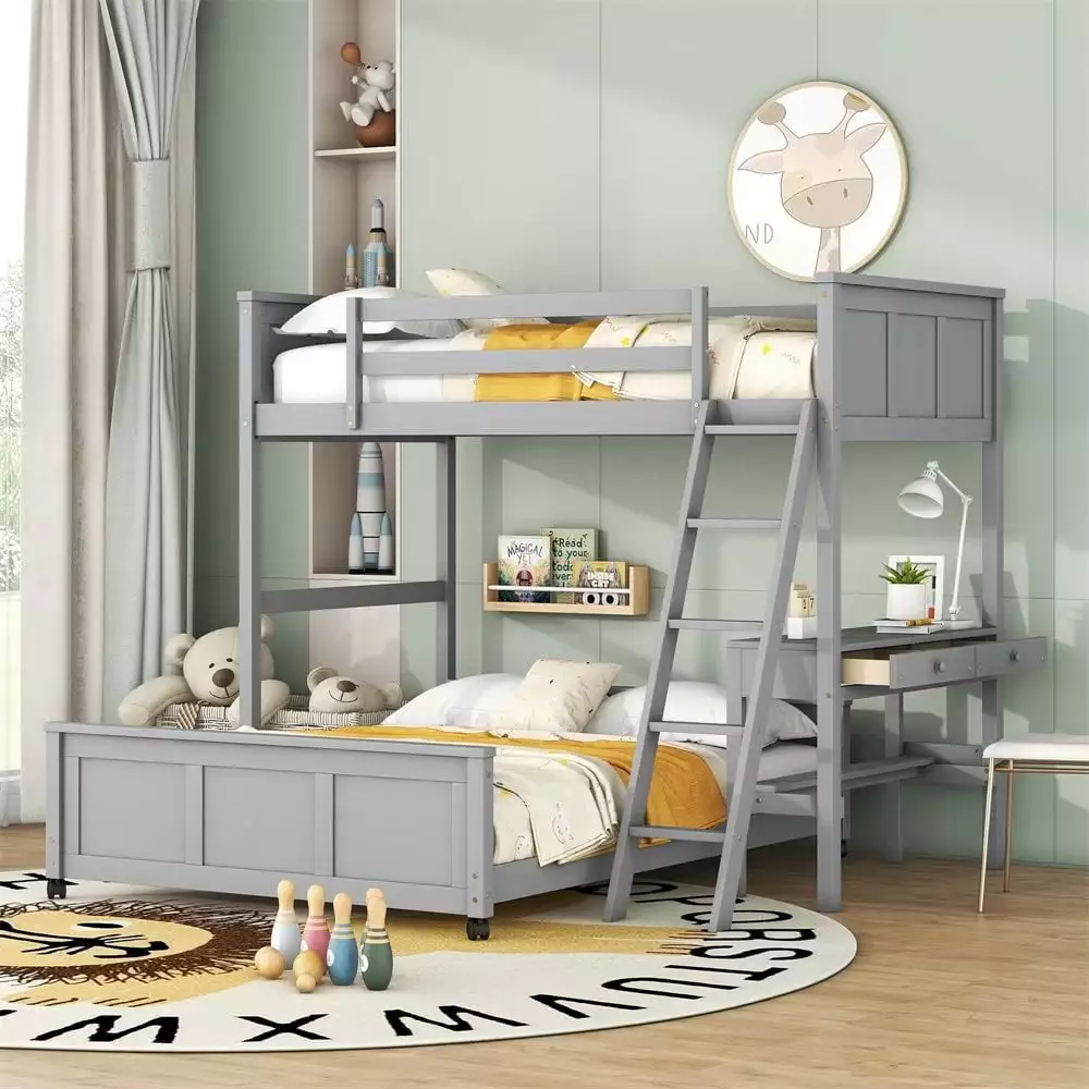 Twin Over Full Bunk Bed Desk and Storage Drawers Solid Wood L-Shaped Bunk Bed Frame Kids Teens Adults Gray Triple Tree