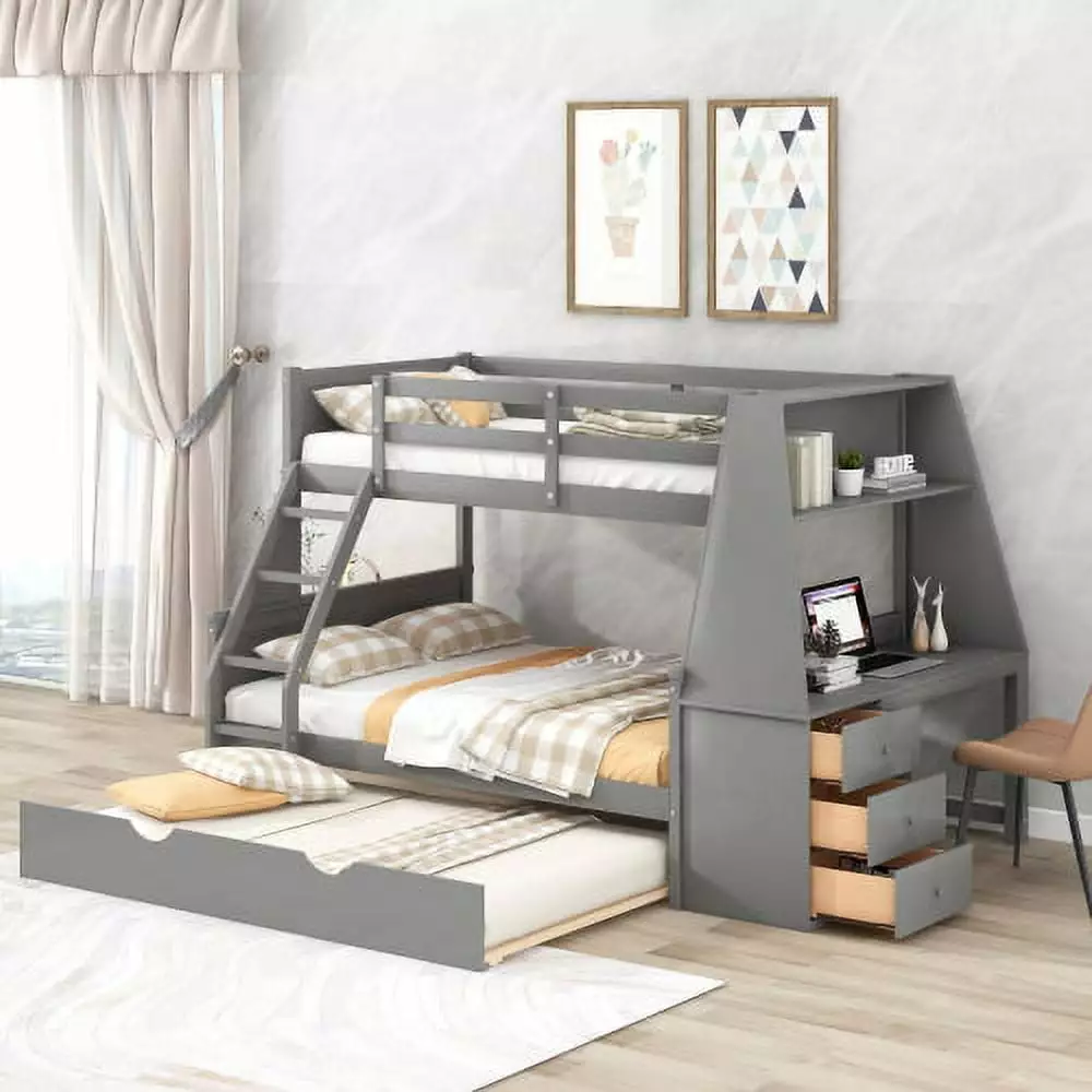 Twin over Full Bunk Bed Trundle and Built- Desk Wood Bunk Bed Frame Storage Drawers Kids Teens Adults Triple Tree