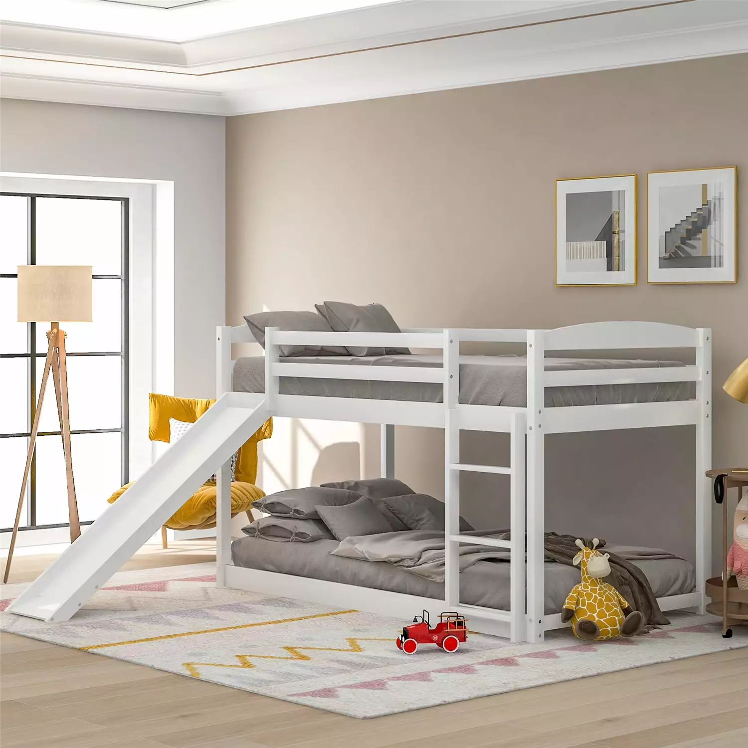 Twin Over Twin Bunk Bed Wooden Low Bunk Bed Frame Convertible Slide Heavy Duty Twin Low Bunk Beds Triple Tree