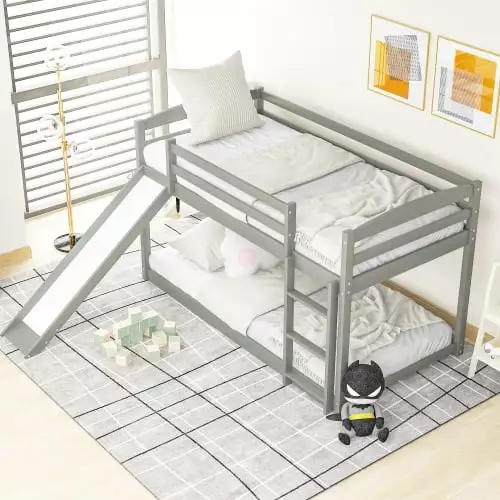 Twin Over Twin Floor Bunk Bed Convertible Slide and Ladder Low Bunk Bed Guard Rails Triple Tree