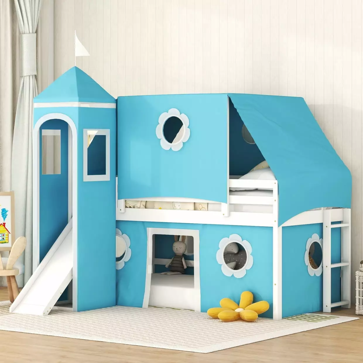 Twin Size Castle Bunk Bed Slide, Ladder, Tent, Tower, and Circle Window - Fun Kids Bunk Bed Blue Triple Tree