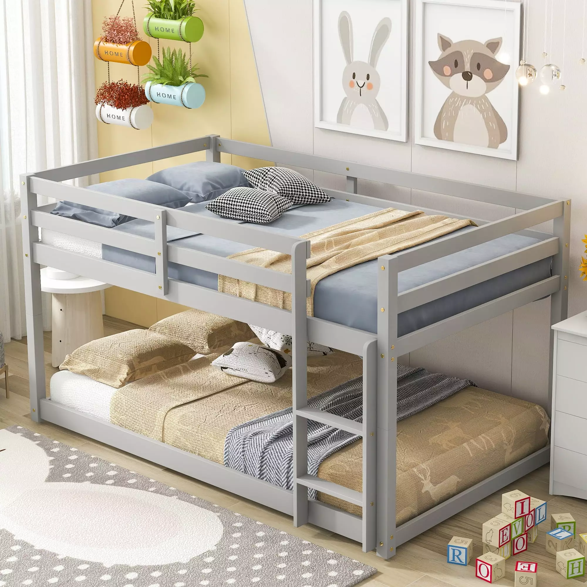 Solid Wood Twin Over Twin Low Bunk Bed Protectty Rail and Ladder Gray uhomepro