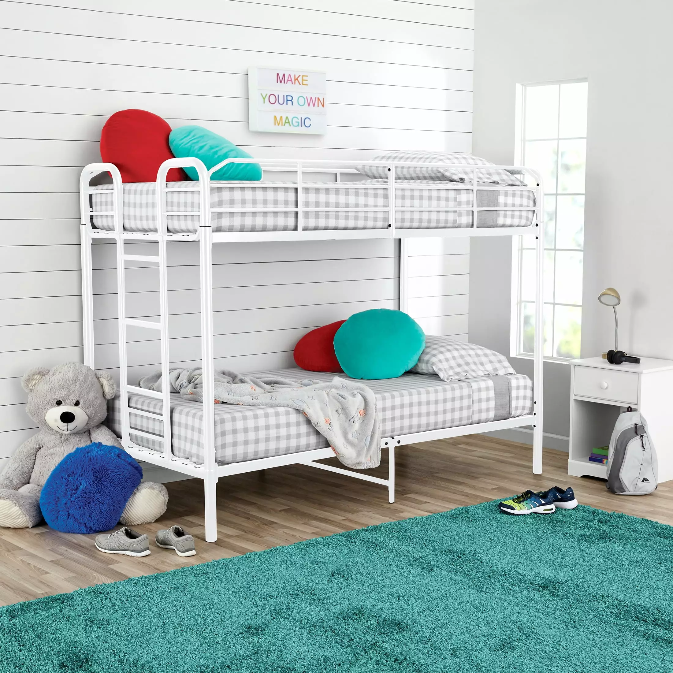 Your Zone Kids Metal Twin over Twin Quad Bunk Bed Ladder and Guardrails White