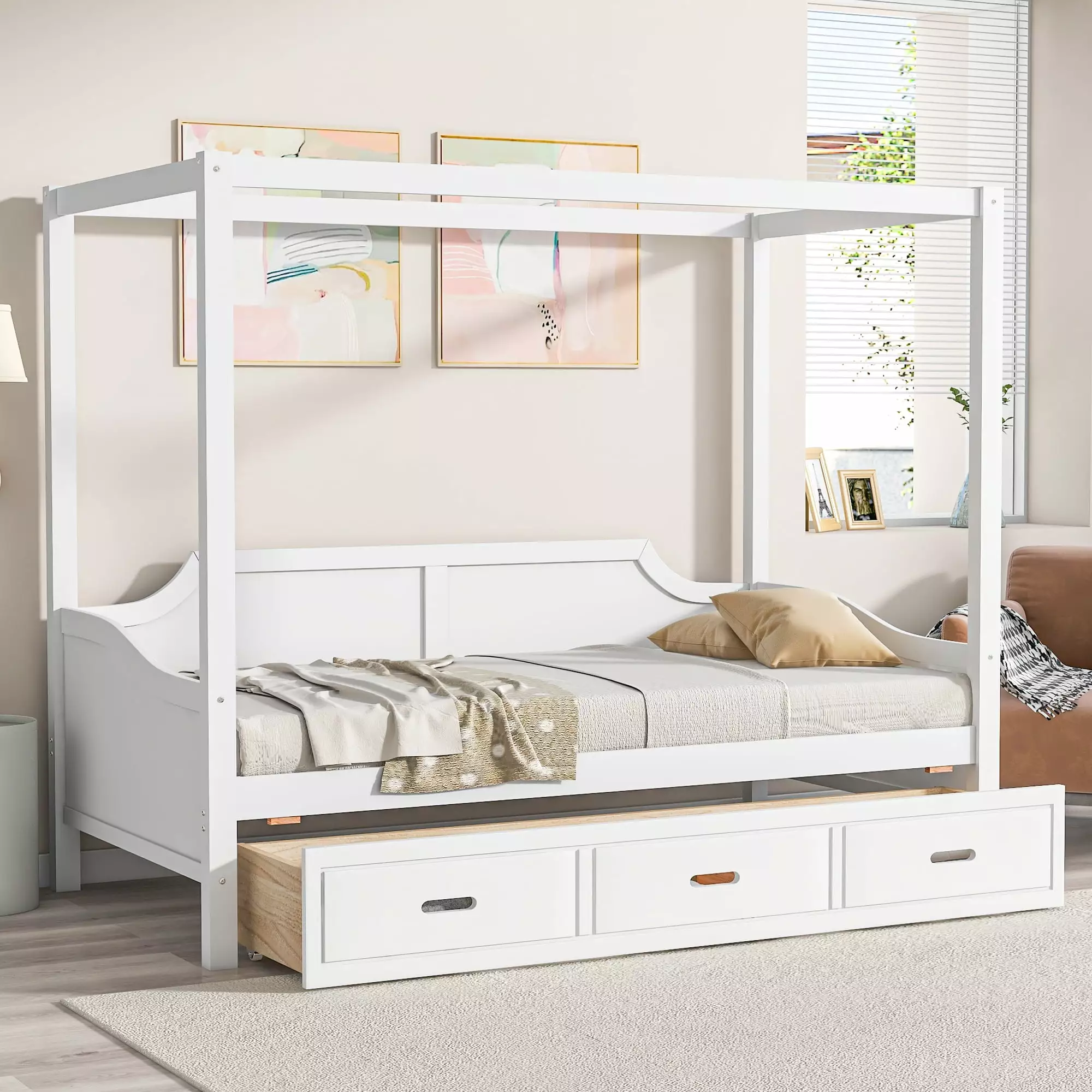 Euroco Twin Size Canopy Daybed 3 1 Drawer and Slat Support White