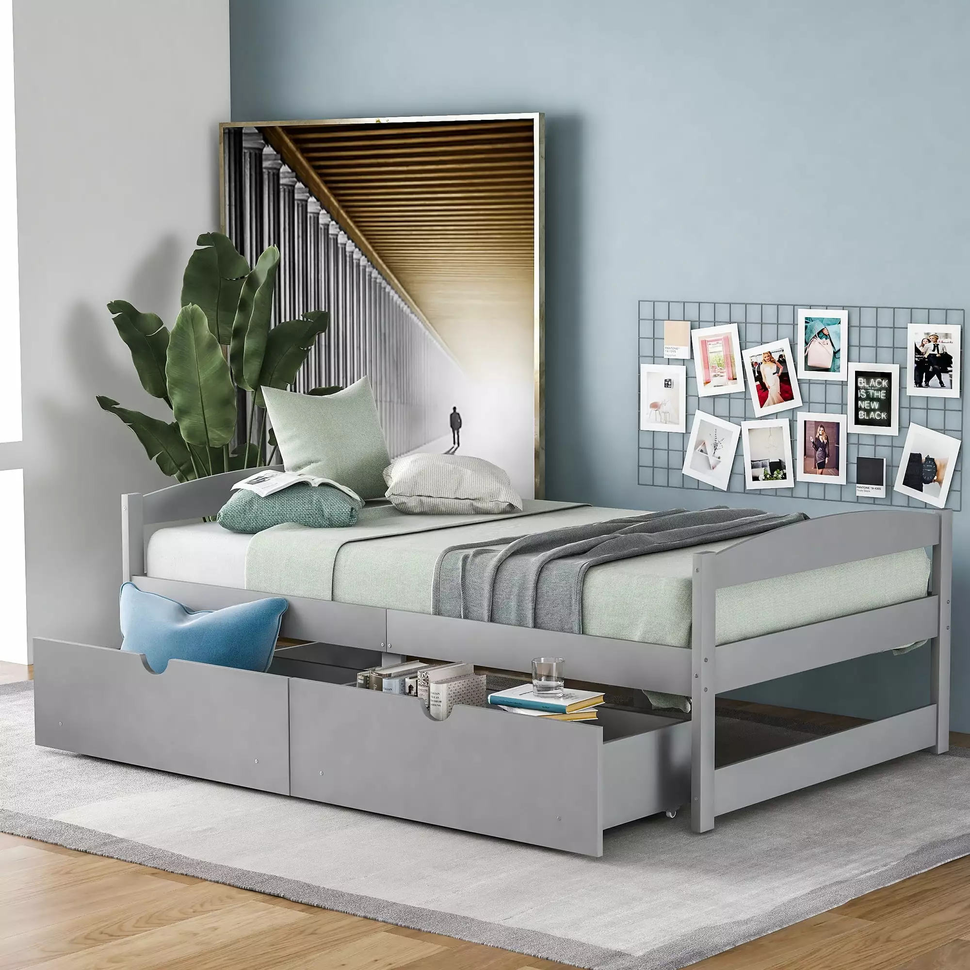 Euroco Twin Size Wooden Daybed 2 Storage Drawers Kids Bedroom Gray