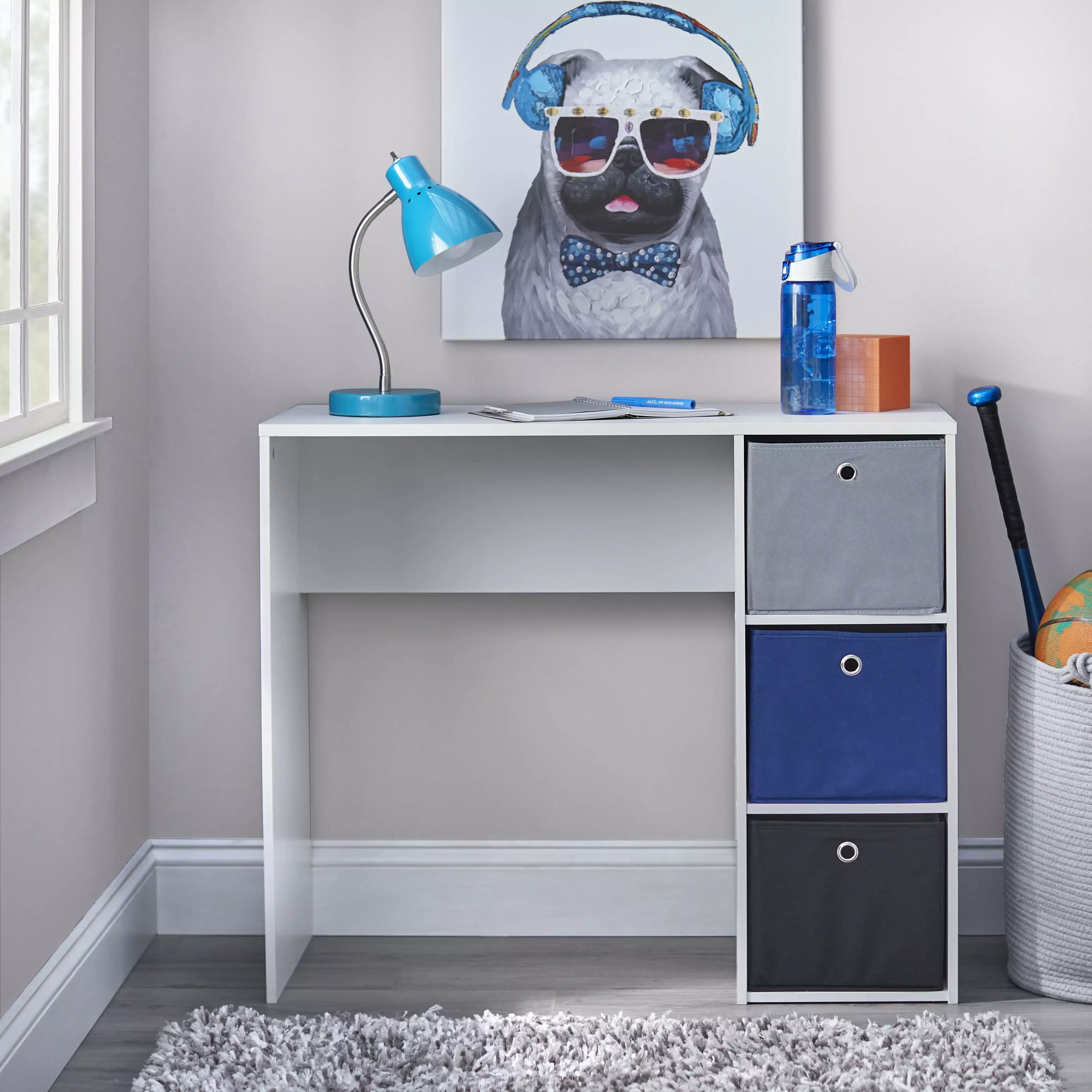Kids Desk Three Fabric Storage Bins White Blue Black Gray TMS