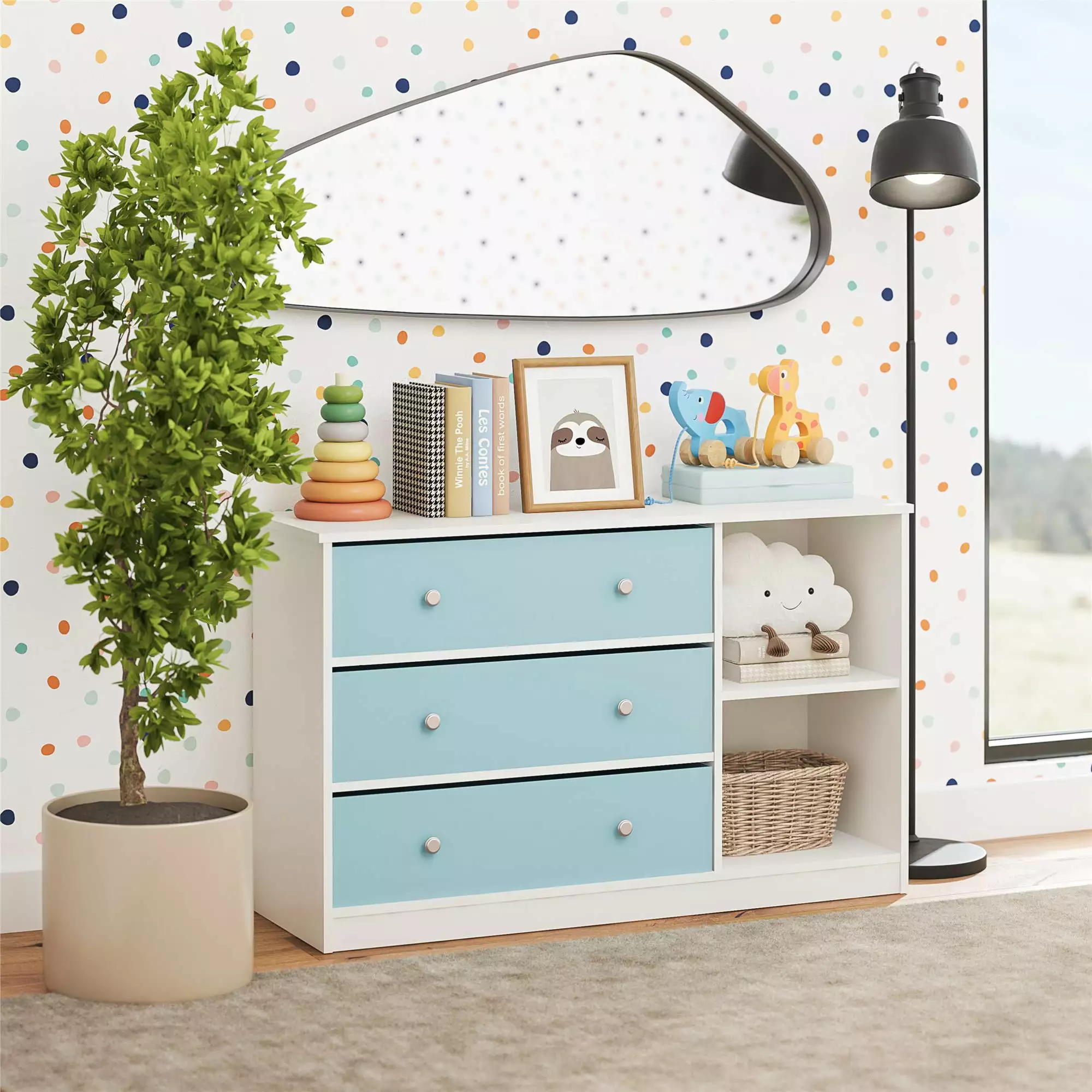 Mya Park Wide Dresser 3 Fabric Bins White and Blue Storage Furniture Ameriwood Home