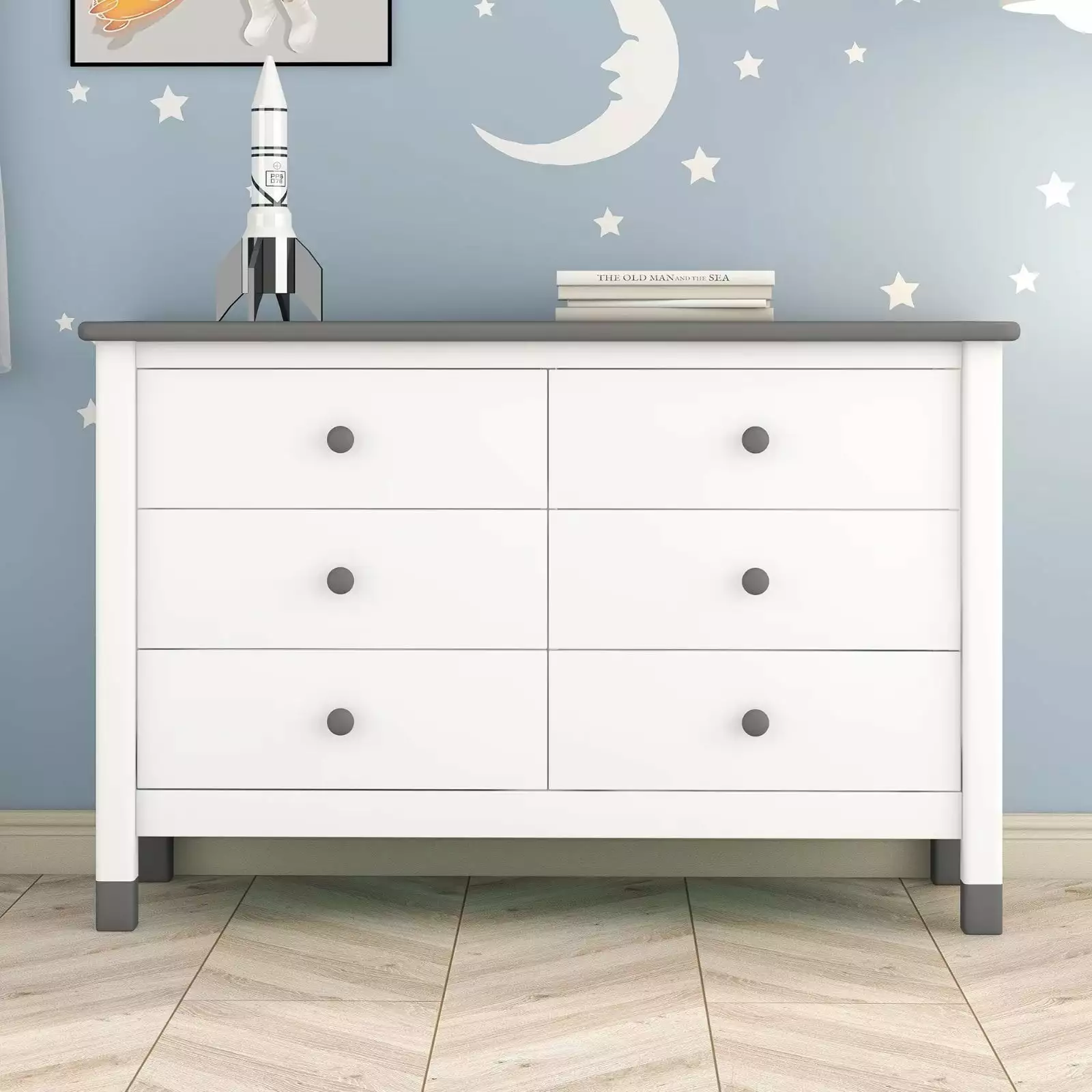 Six-Drawer Dresser Wooden Storage Cabinet Round Handles and Wide Smooth Tabletop Kids Adults Bedroom White Gray Triple Tree