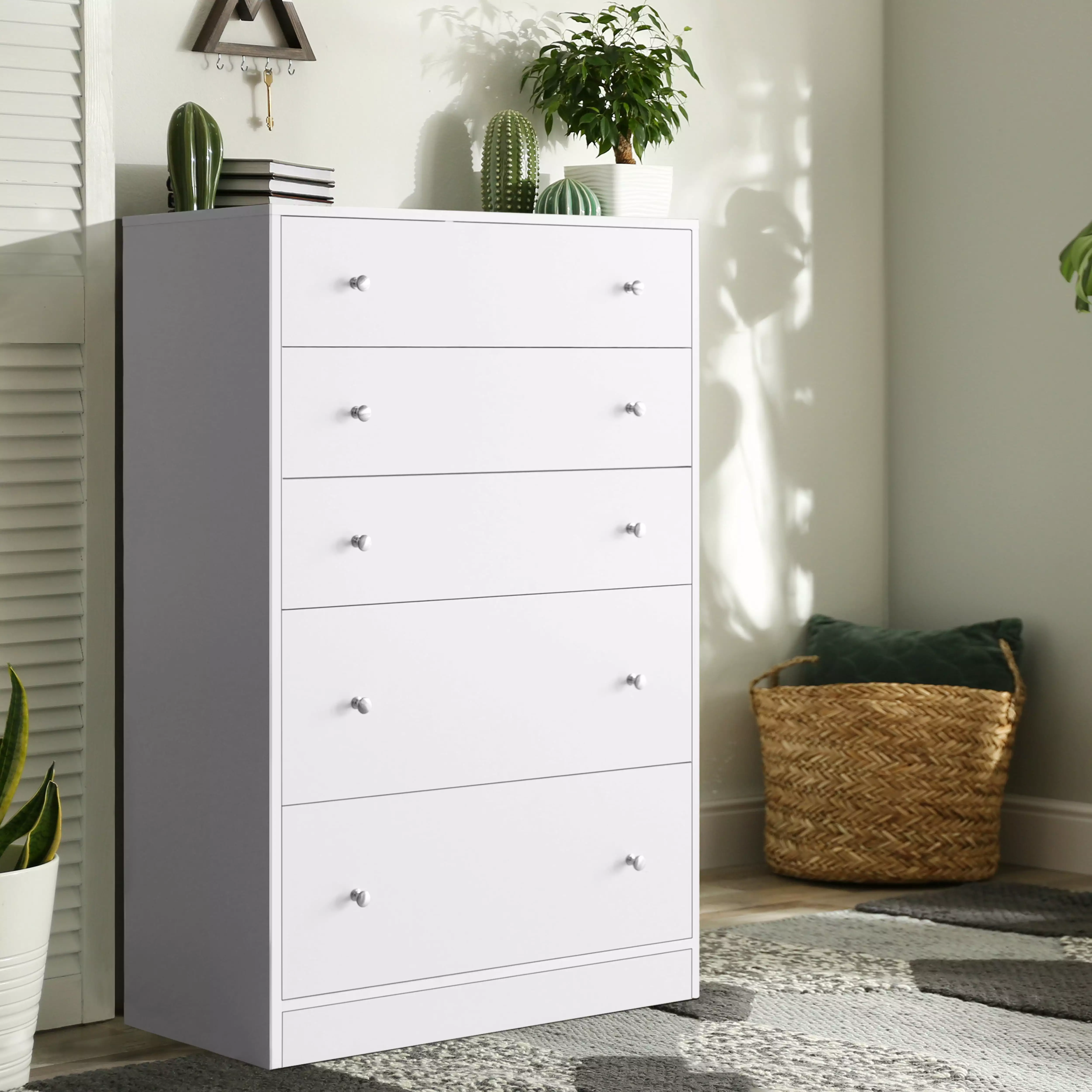 VEIKOUS 5-Drawer Dresser Metal Knobs - White Clothes Dresser Bedroom and Kids Room