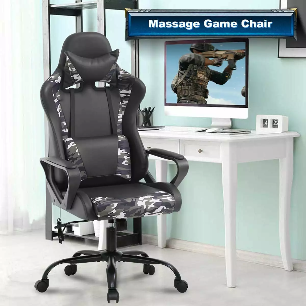 Dkelincs PC Gaming Chair Massage Computer Desk Chair Headrest Adjustable Office Chair CAMO