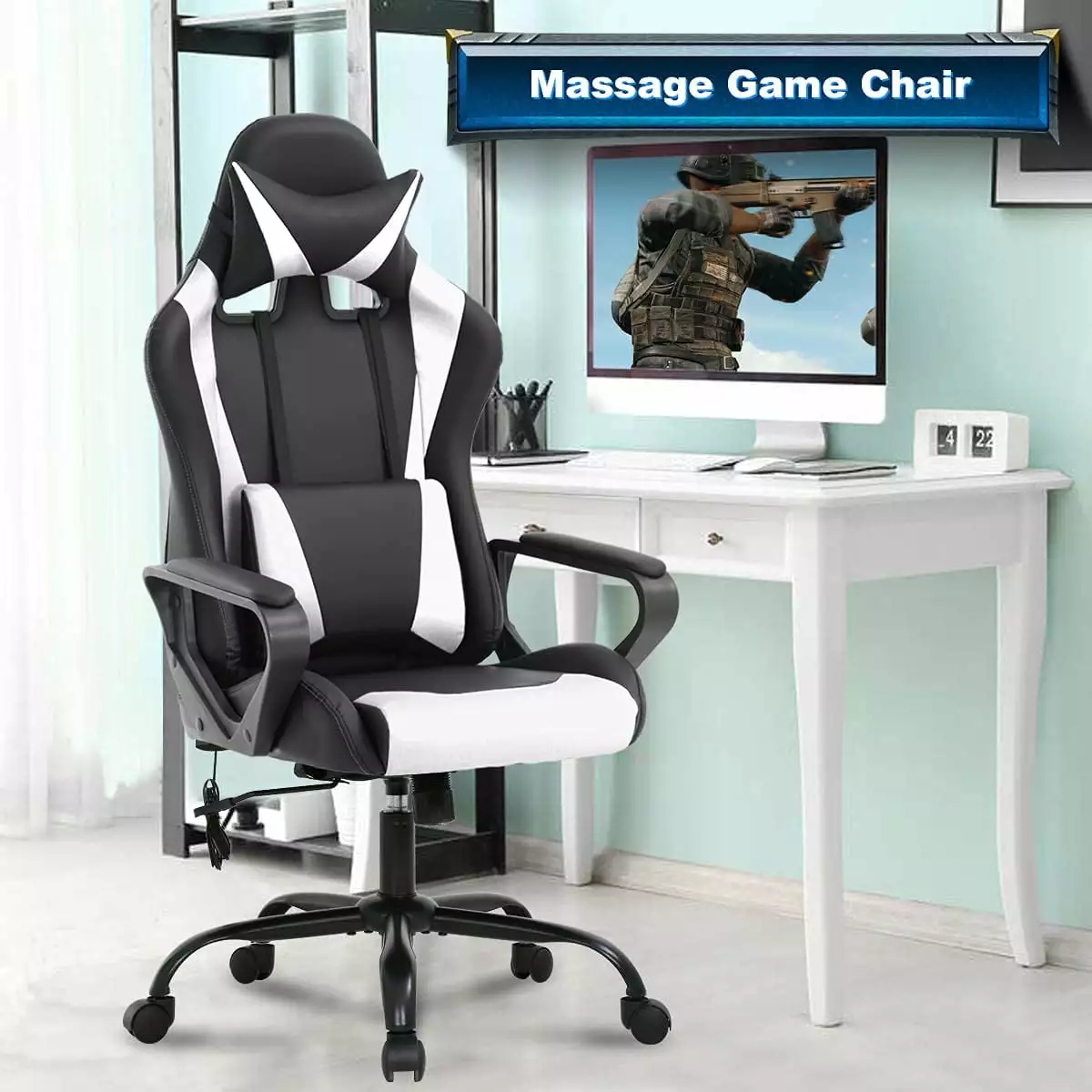 Dkelincs Massage Gaming Chair Adjustable Computer Game Chair Headrest Ergonomic Office Chair White