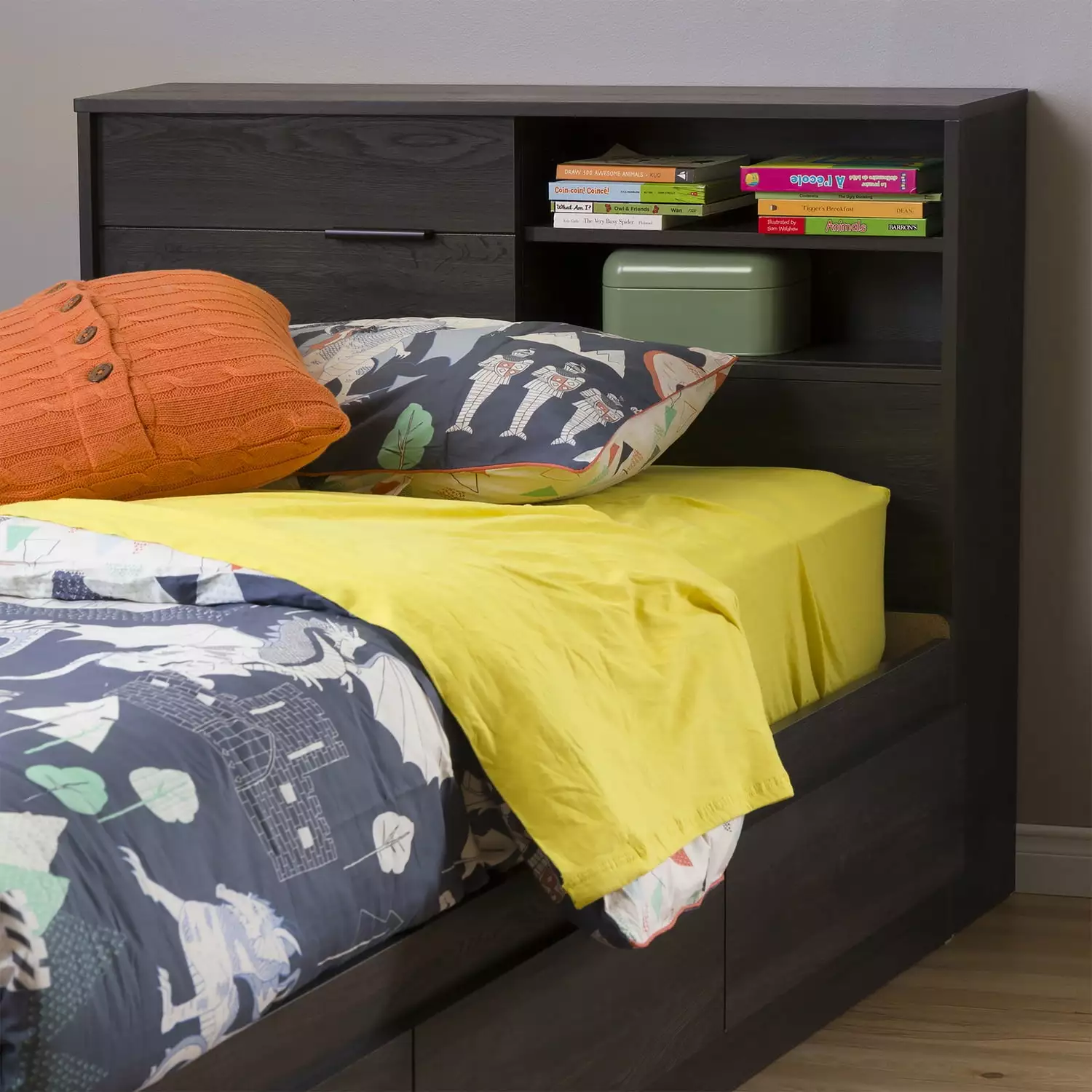 South Shore Fynn Laminated Particleboard Twin Kids Headboard Storage Gray Oak