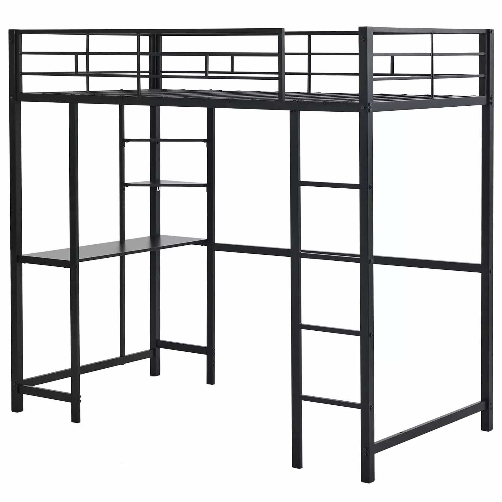 SamyoHome Twin Loft Bed Desk Kids Teens Metal Bunk Bed Storage Shelves Guardrails Black