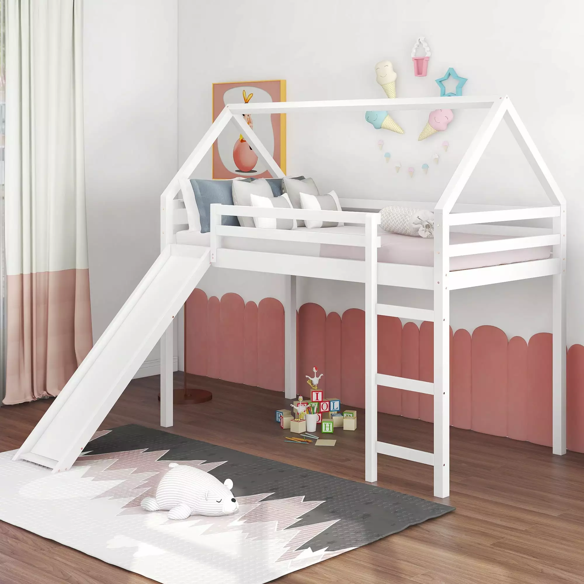 Twin Size Loft Bed Slide - Kids Houtilize Bed White Acme Furniture