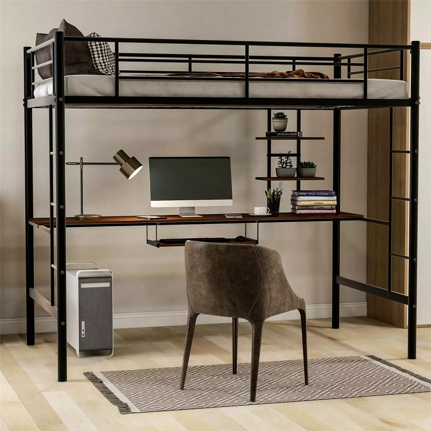 ARCTICSCORPION Twin Loft Bed Desk, Shelf, and Keyboard Tray Kids Bedroom Black and Brown