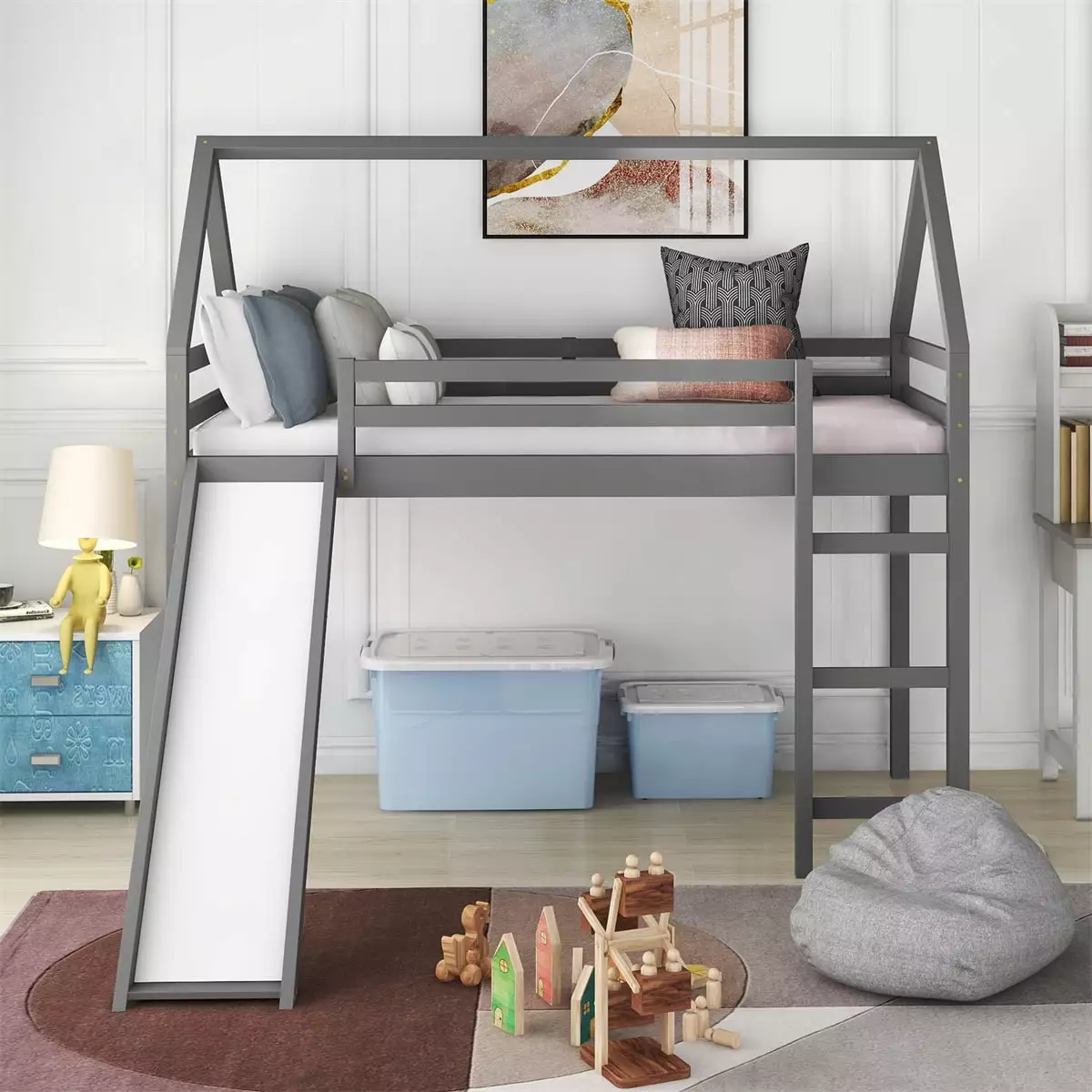 Houtilize Loft Bed Slide Twin Size Solid Wood Bed Frame Built Ladder and Guardrail Kids Teens Girls Boys Gray ARCTICSCORPION