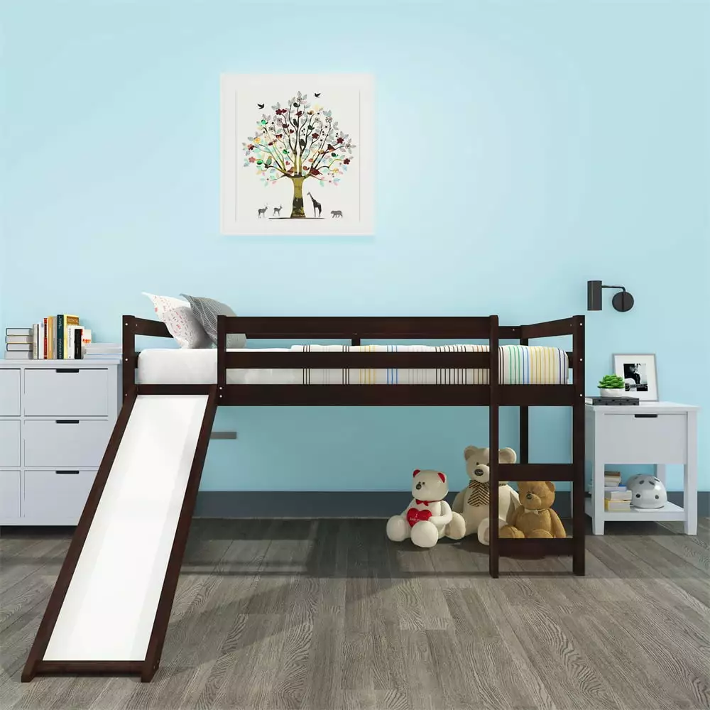 Loft Bed Slide Wood Twin Size Bed Frame Full-Length Guardrail Ladder Underbed Storage No Box Spring Needed Espresso ARCTIC...