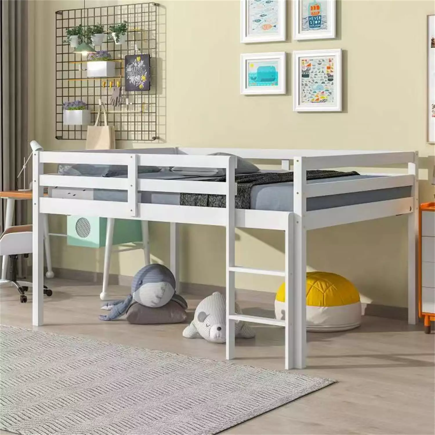 Low Full Loft Bed Under Storage Wood Slats Frame No Box Spring Needed White ARCTICSCORPION