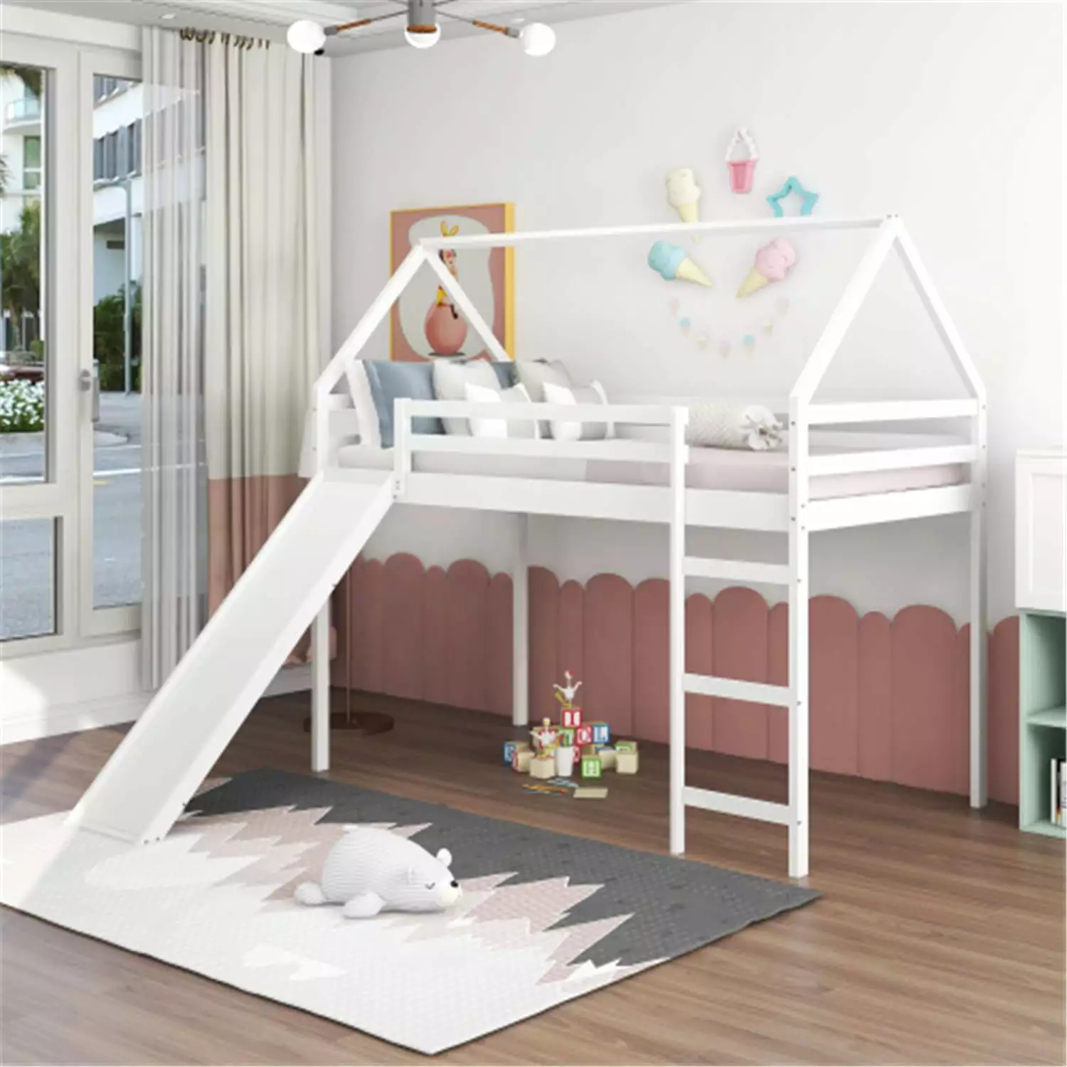 Twin Size Loft Bed Frame Slide and Ladder Wood Houtilize Bed Kids ARCTICSCORPION