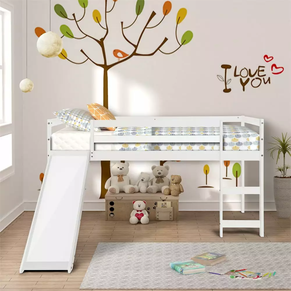 White Wood Twin Size Loft Bed Slide Full-Length Guardrail Ladder Underbed Storage Kids Boys Girls No Box Spring Needed ARC...