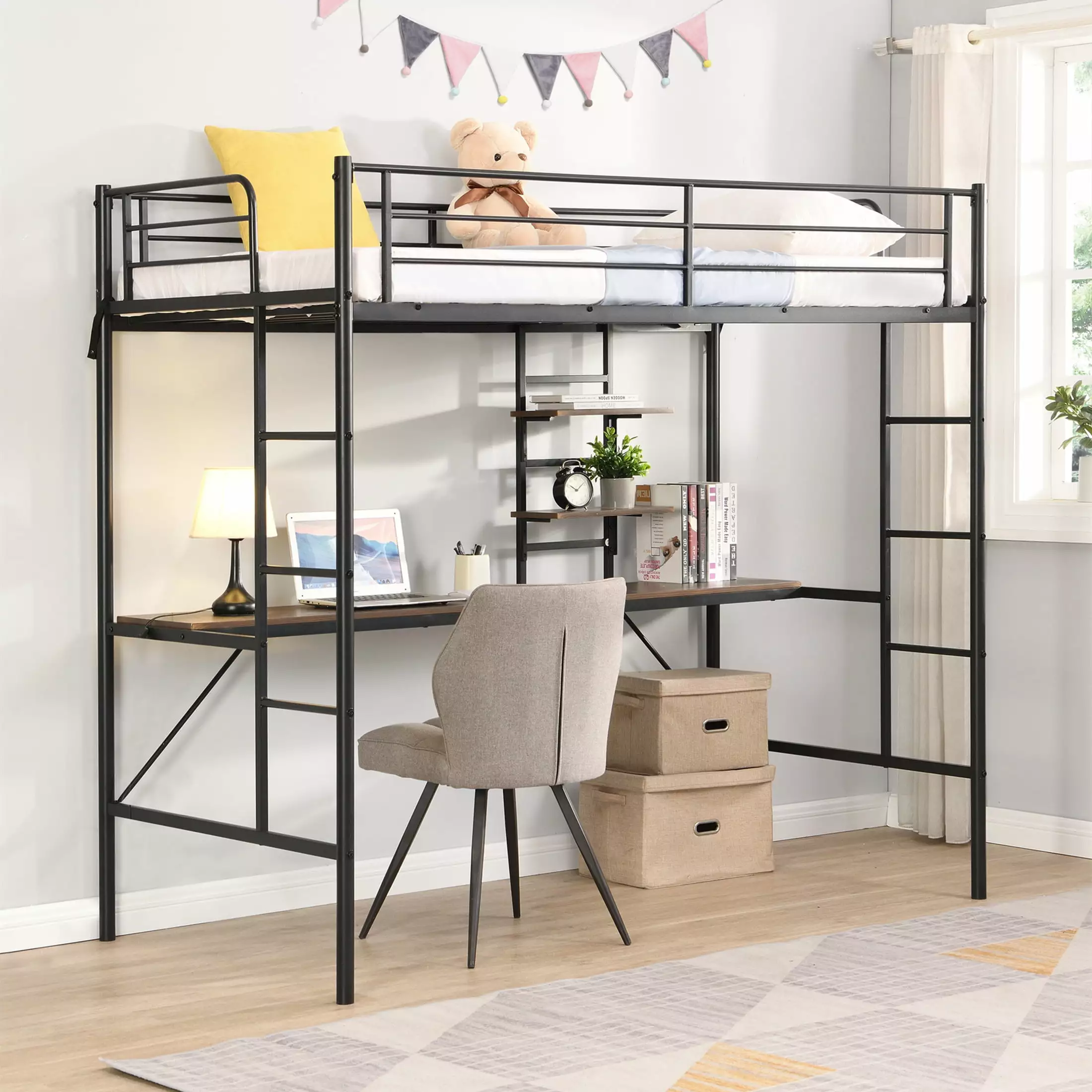 Aukfa Metal Twin Loft Bed Desk and Storage Shelves Kids Teens Bedroom Dorm Black