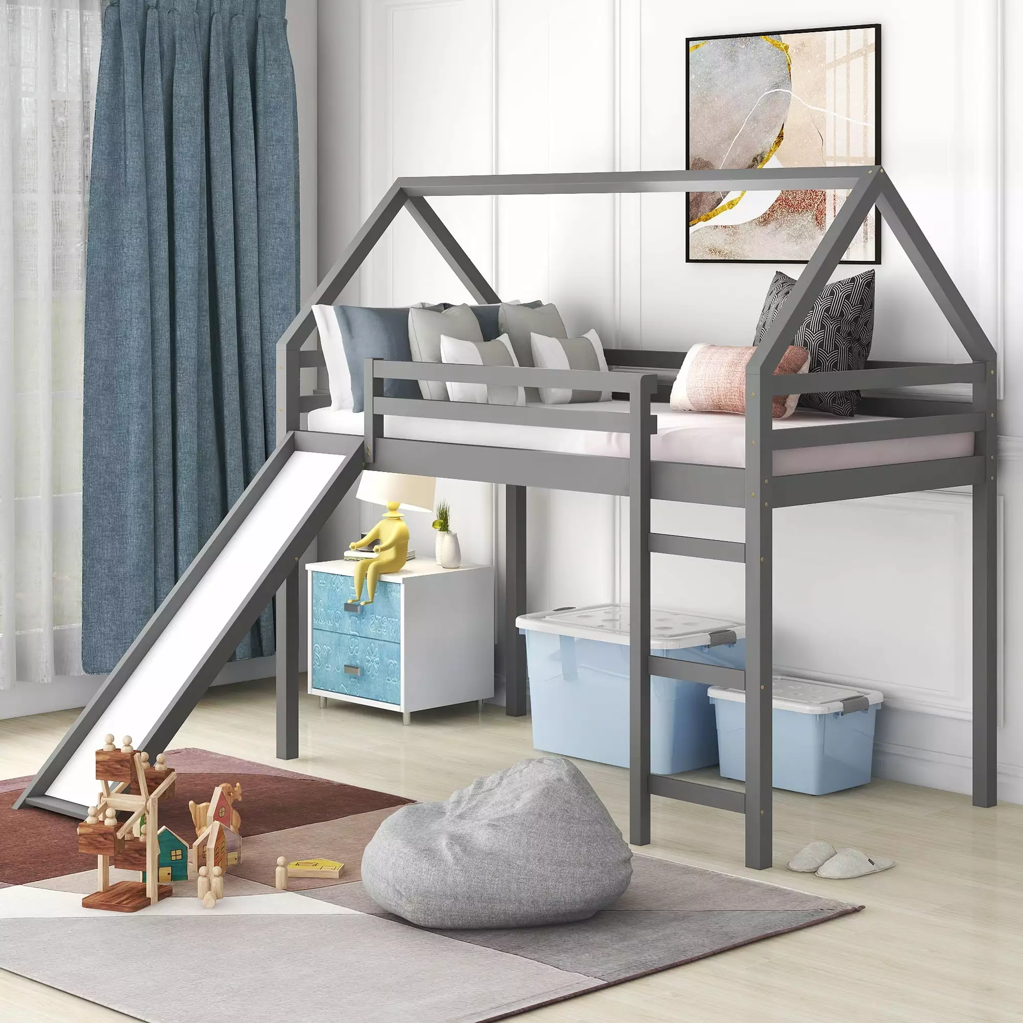 Aukfa Twin Loft Bed Slide and Houtilize Roof - Fun Loft Bed Kids and Teens Gray