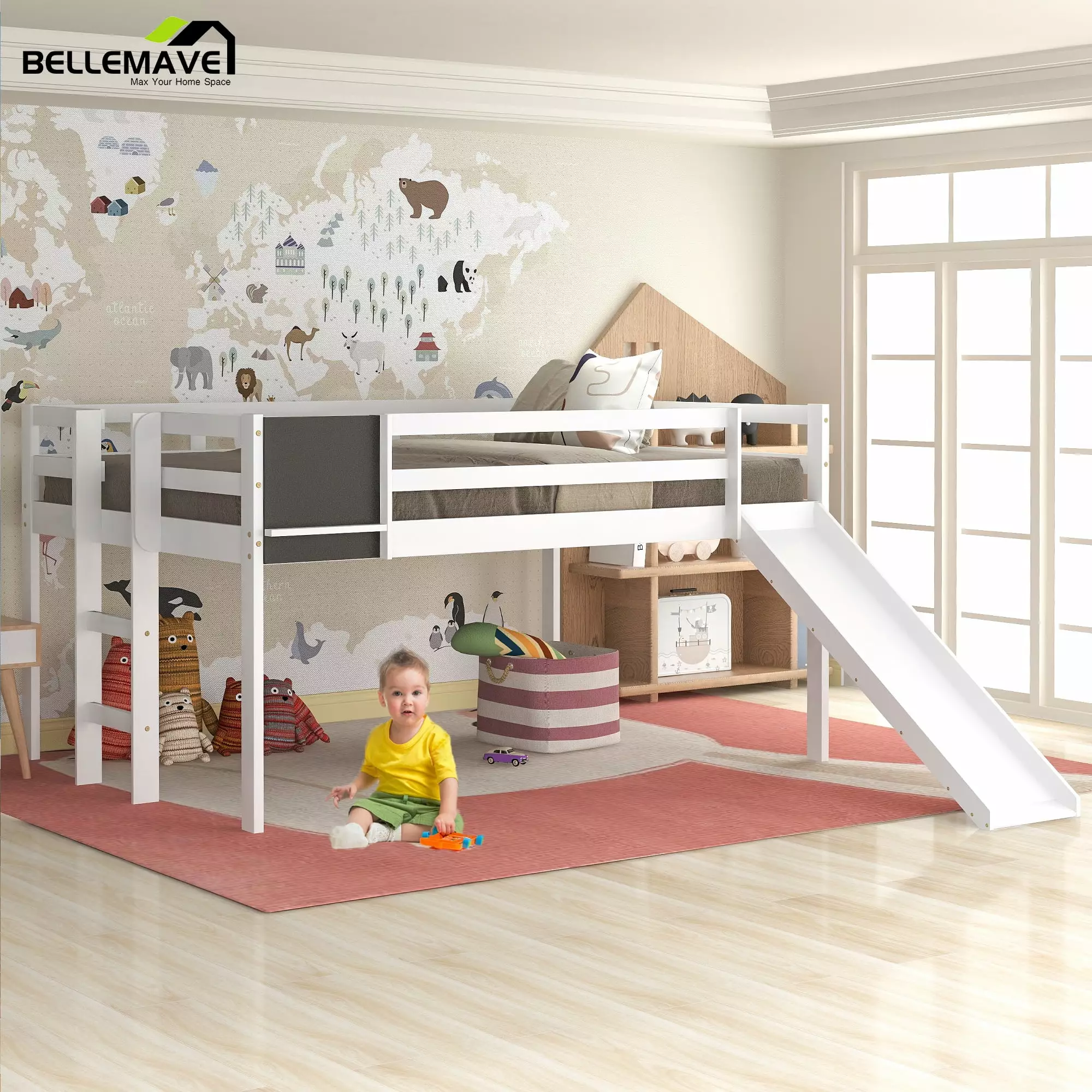 Bellemave Full Size Loft Bed Frame Slide and Ladder Wood Low Loft Bed Flexible Chalkboard Kids Teens White