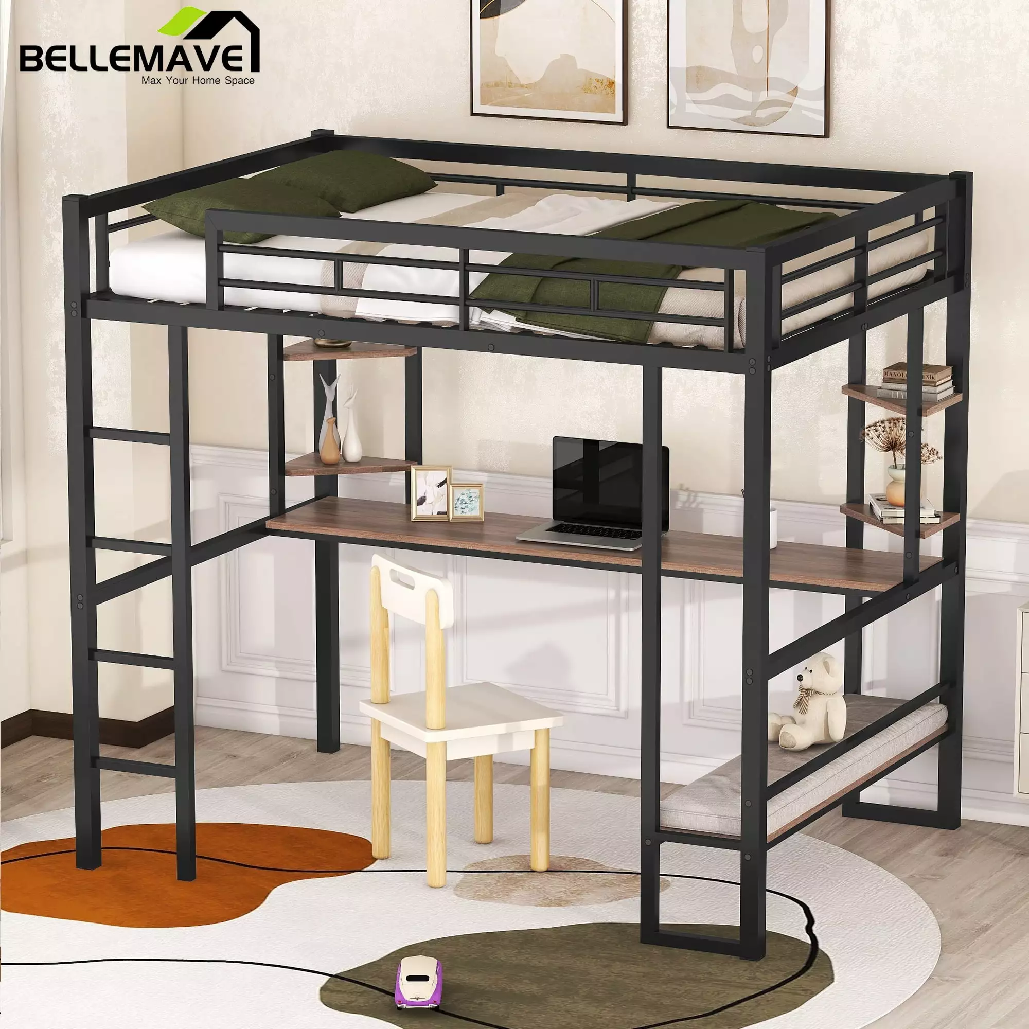 Bellemave Full Size Loft Bed Wooden Desk and 2-Tier Shelves Space-saving Junior Loft Bed