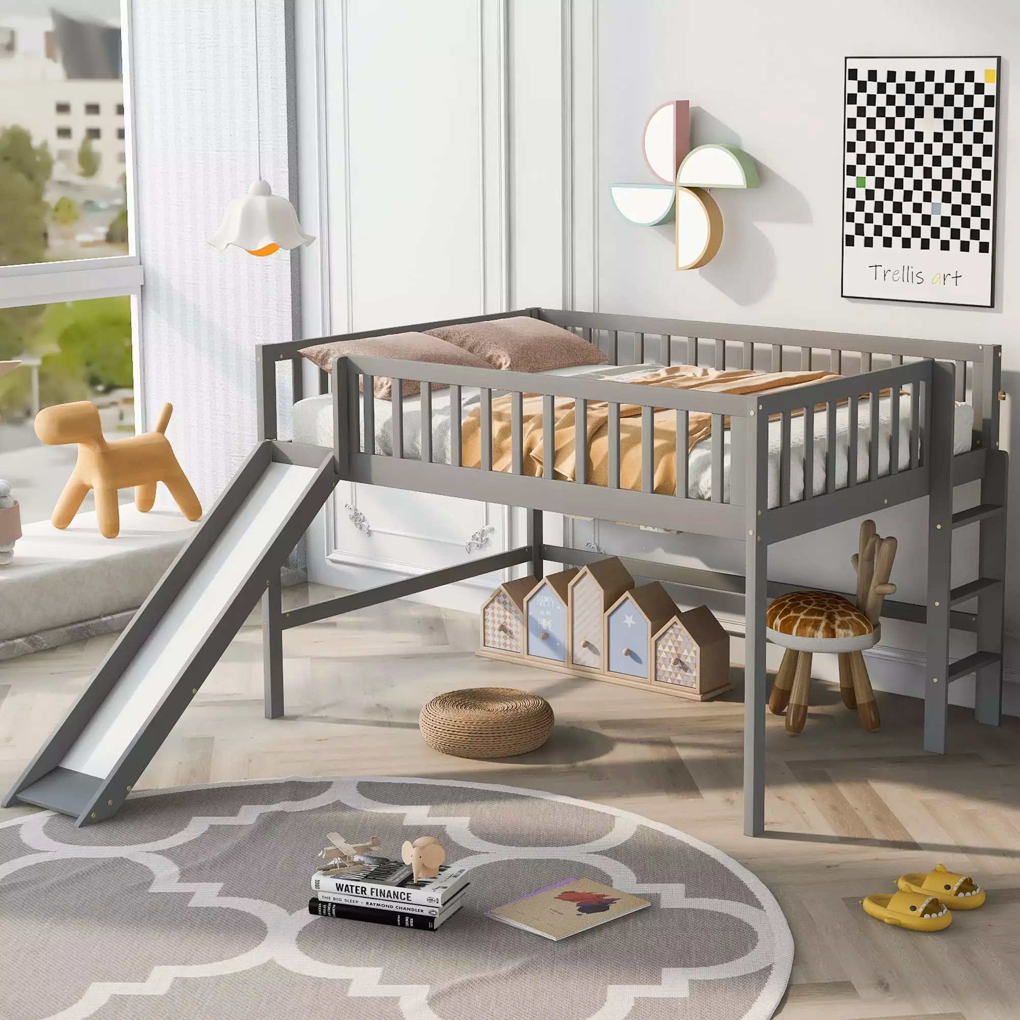 Bellemave Full Size Low Loft Bed Slide Ladder and Guardrail Fences Gray