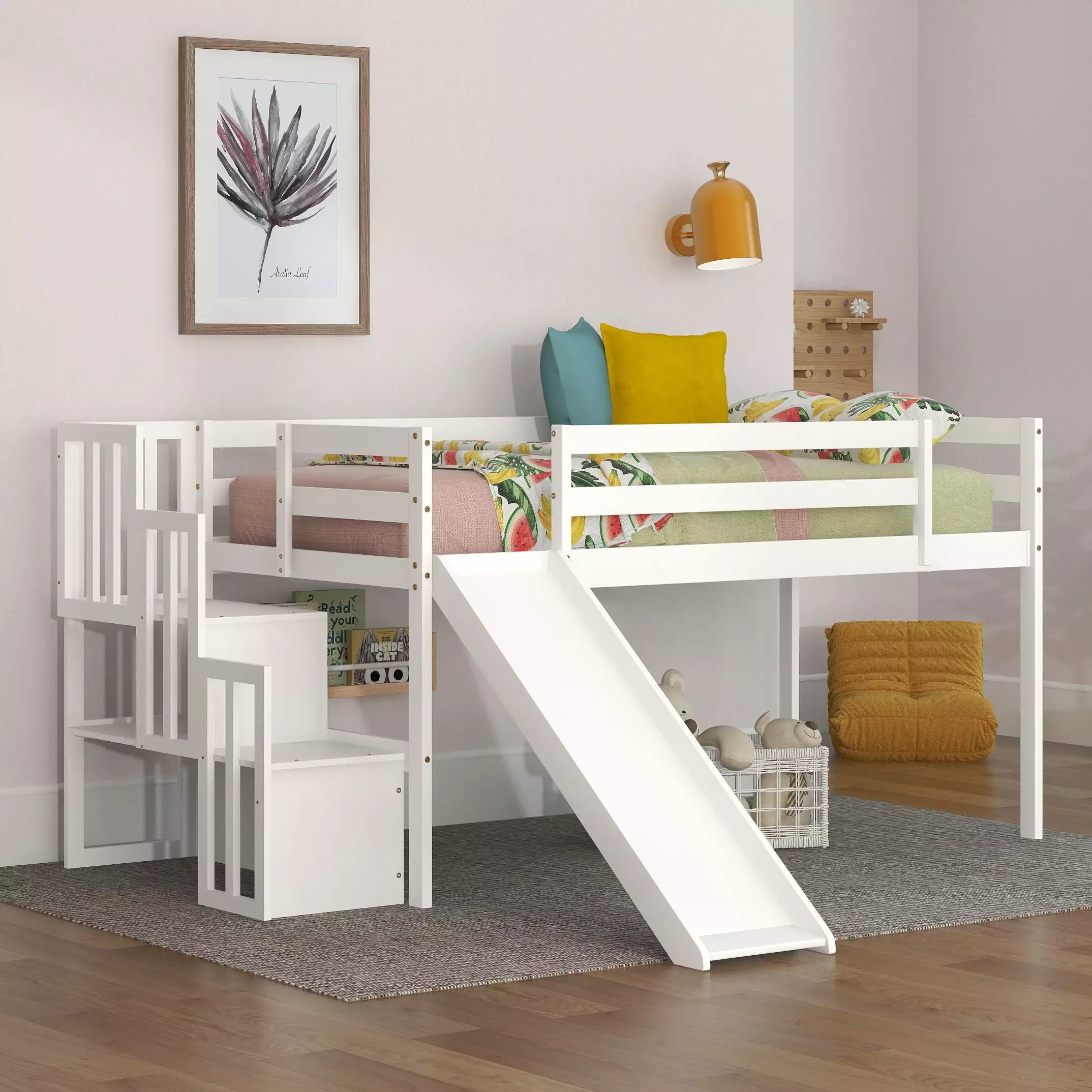 Bellemave Loft Bed Slide and Stairs - Solid Wood Low Profile Twin Size Bed Frame Storage Shelves Kids - White