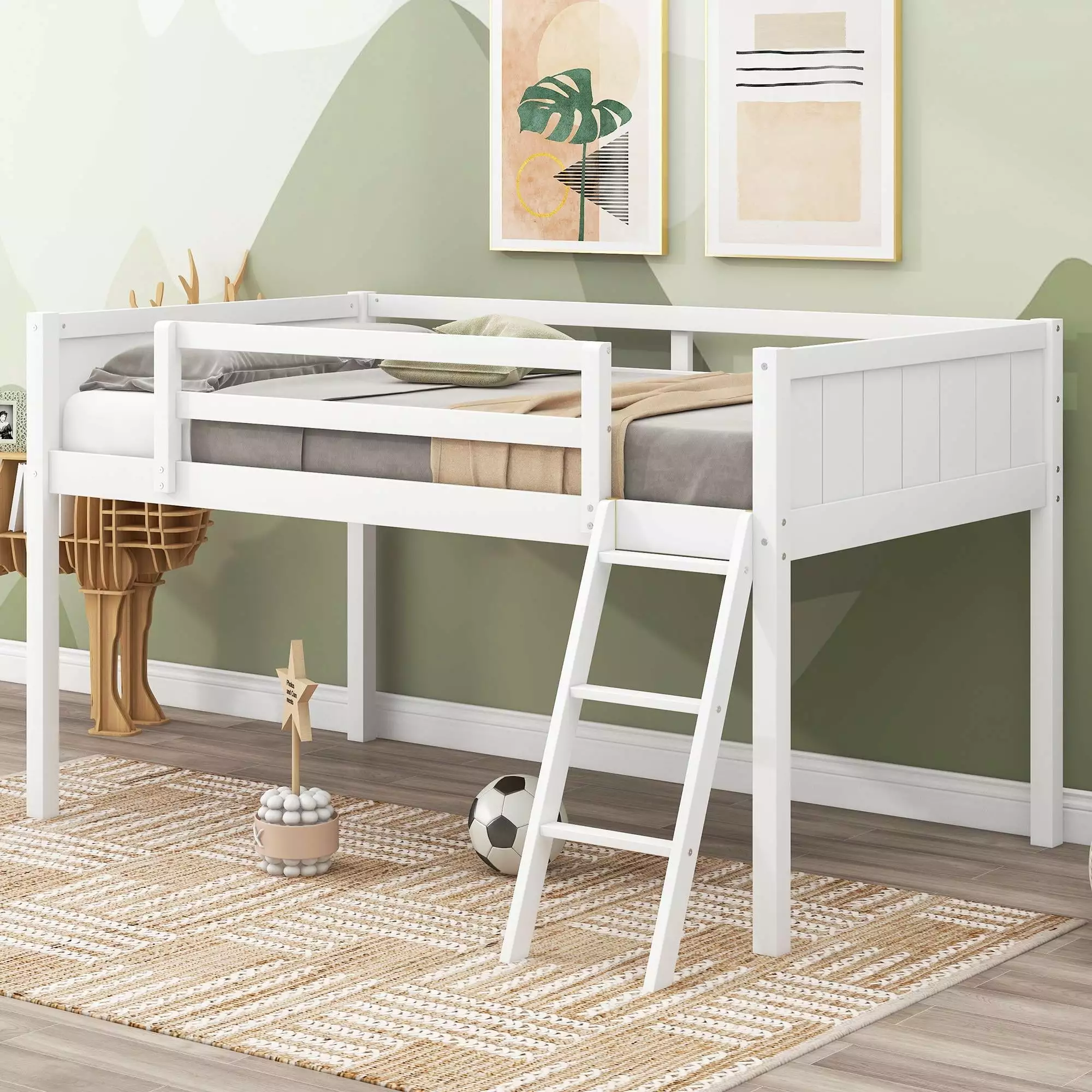 Bellemave Low Loft Bed Twin Size Solid Wood Frame Climbing Ladder and Lower Storage Space Kids