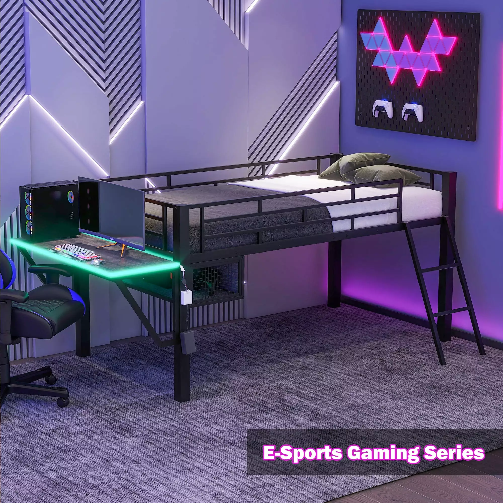 Bellemave Mid Loft Bed Desk and Storage Esports Gaming Series Twin Size Metal Loft Bed LED Lights Boys Kids Teens