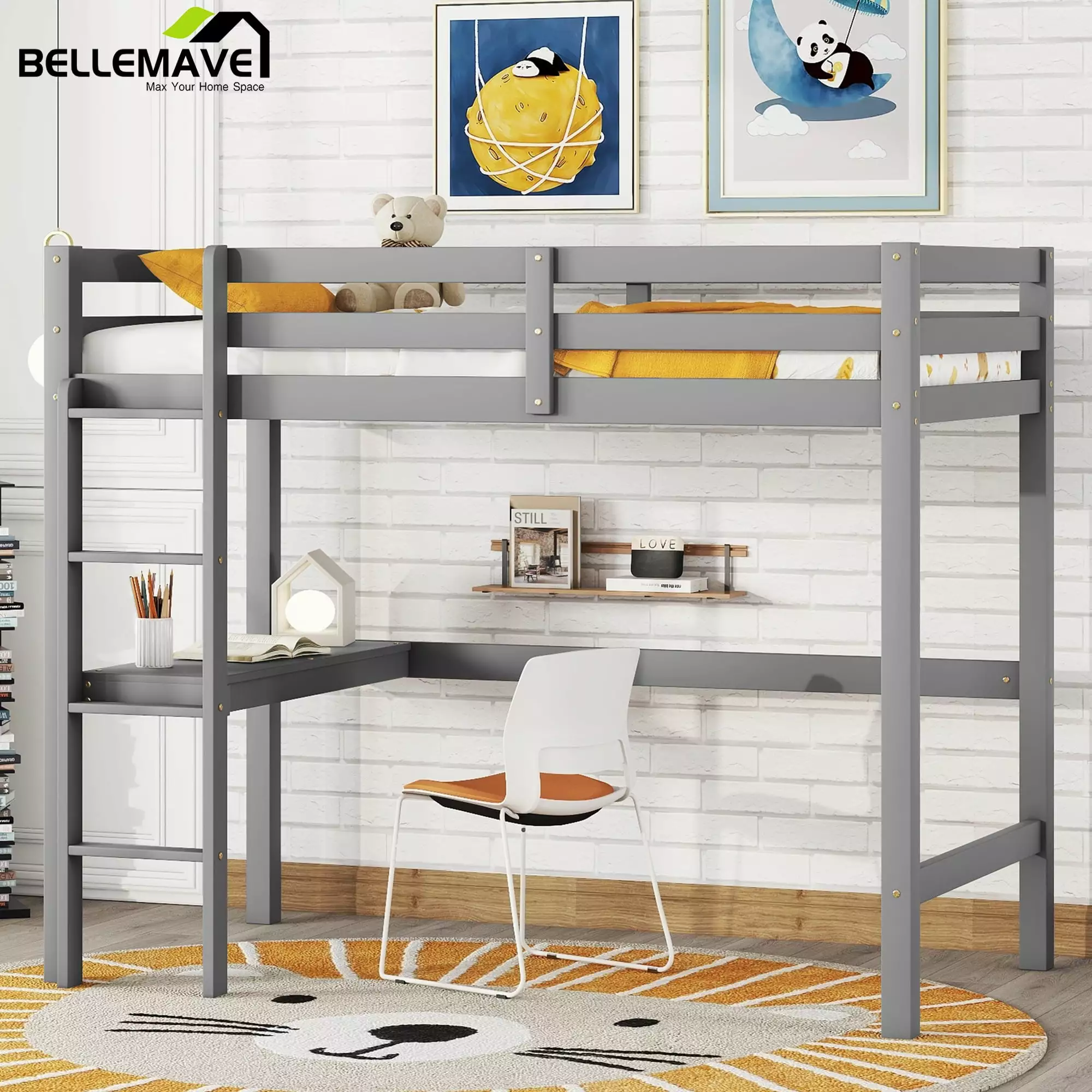 Bellemave Twin Loft Bed Built- Desk and Ladder Space Saving Wooden Frame Gray