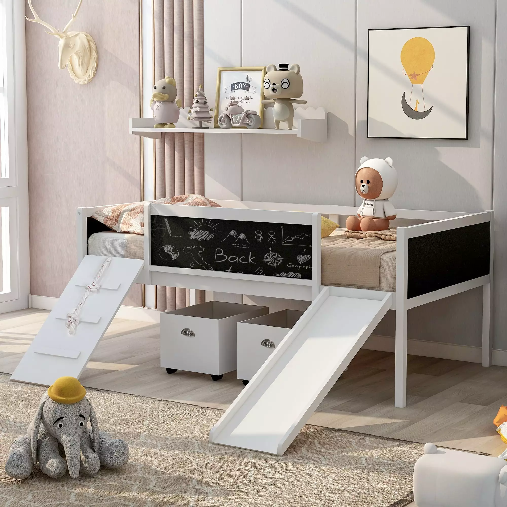 Bellemave Twin Size Kids Low Loft Bed Slide White Wood Climbing Frame Movable Drawers Multifunctional Chalkboard
