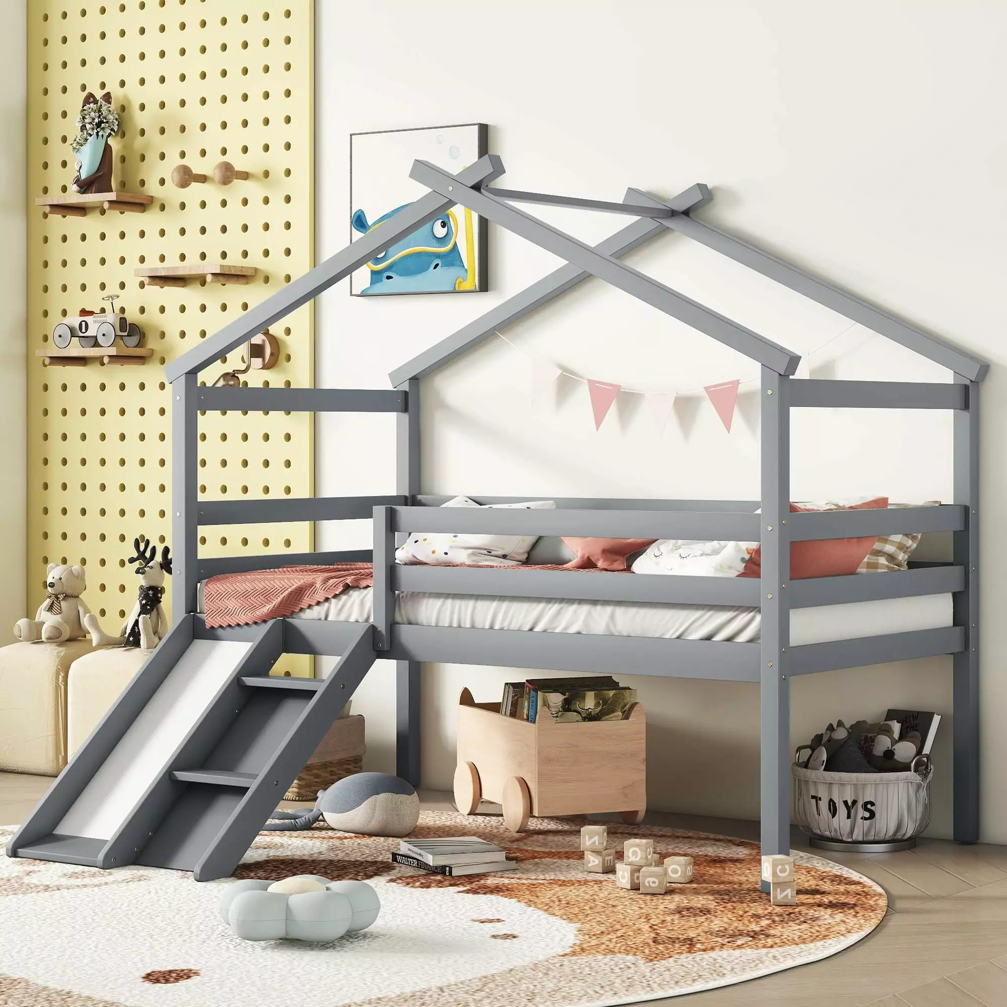 Bellemave Twin Size Low Loft Houtilize Bed Frame Slide and Ladder Kids Gray