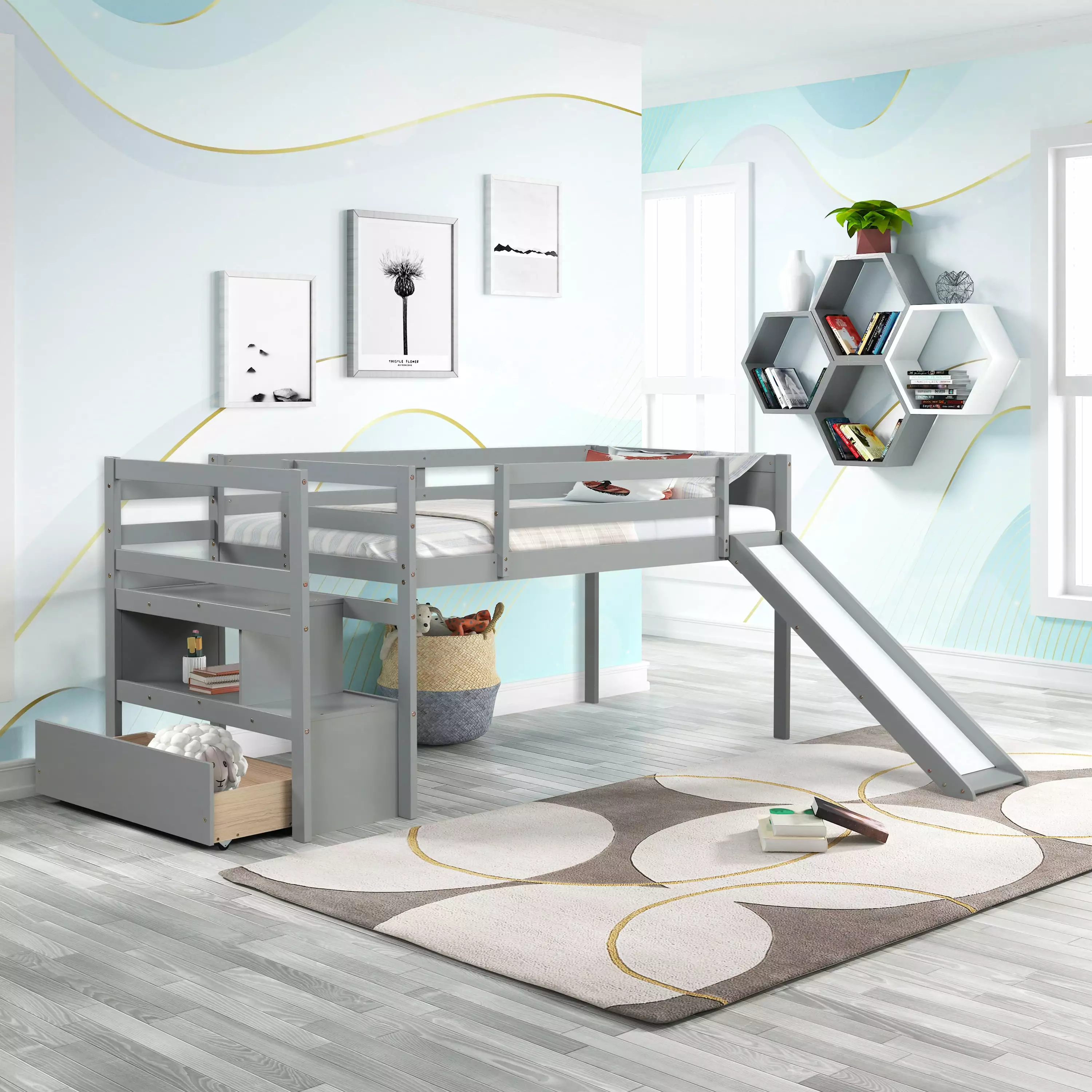 Bellemave Twin Size Solid Wood Loft Bed Slide Stairs Storage Drawer and Shelf Gray