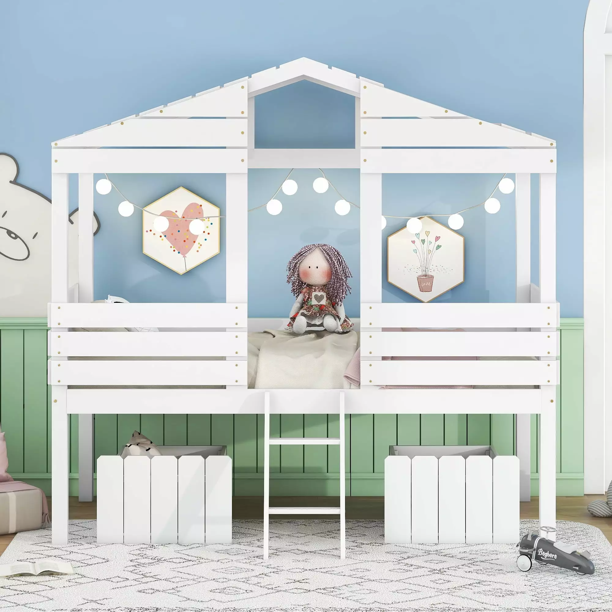 Bellemave White Kids Twin Size Houtilize Loft Bed Storage - Low Wood Loft Bed Drawers