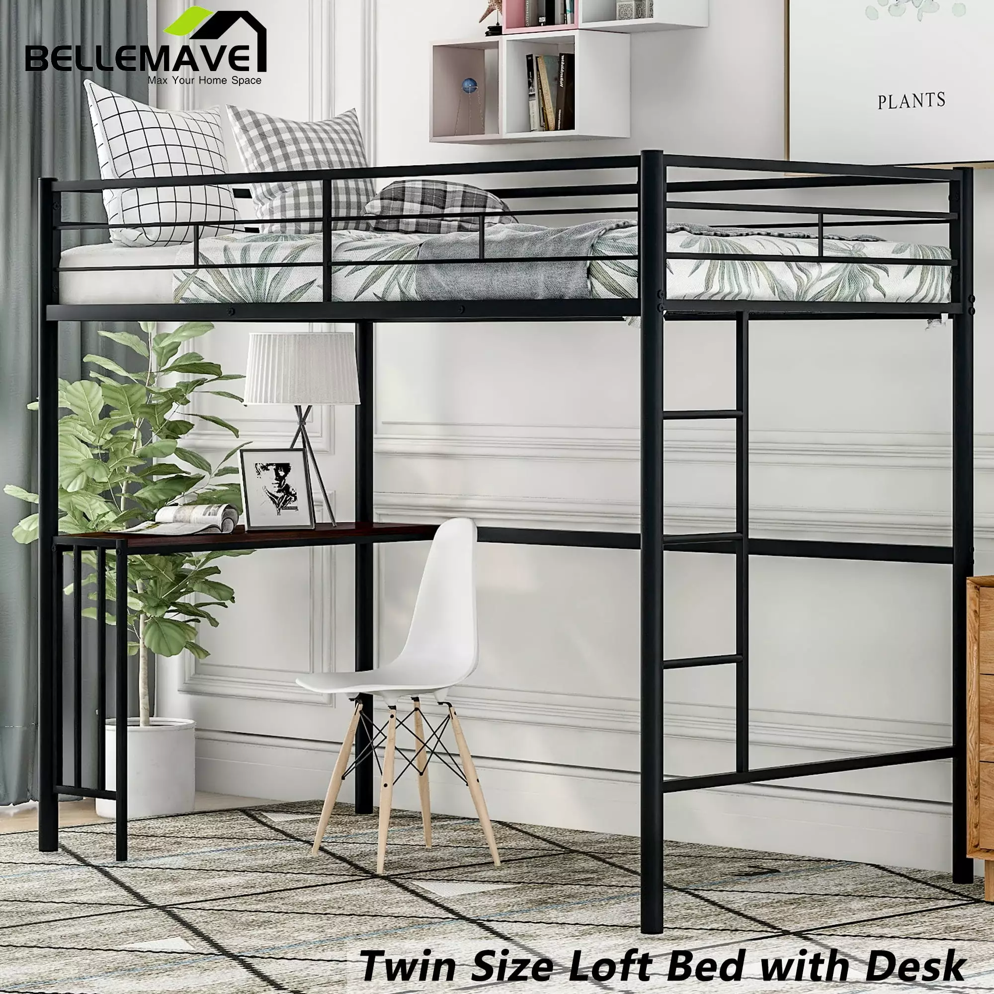 Black Metal Twin Size Loft Bed Desk Full-Length Guardrails Ladder Kids Teens Bellemave