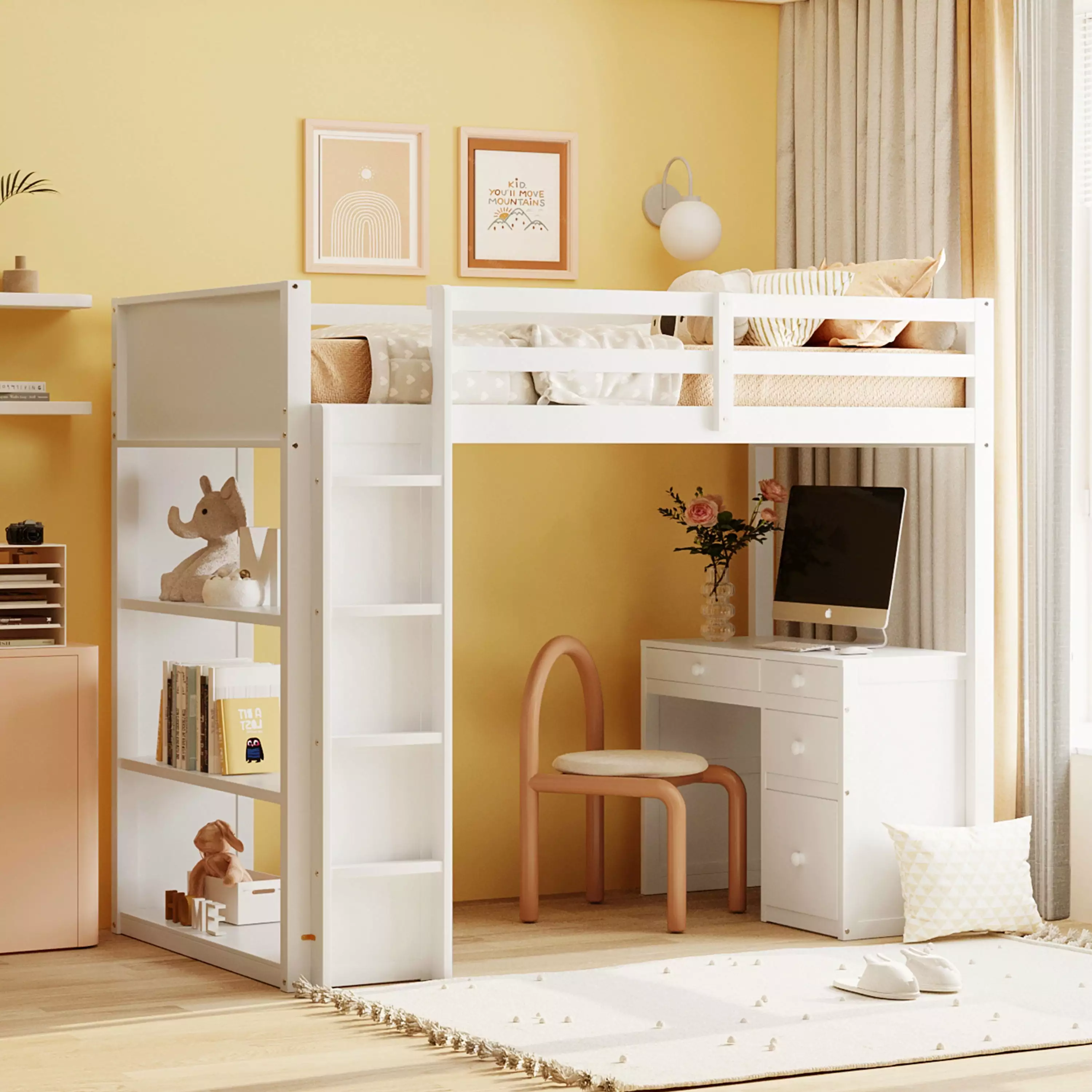 White Wood Loft Bed Desk and Shelves Kids Teens Junior Twin Size Storage and Ladders Bellemave