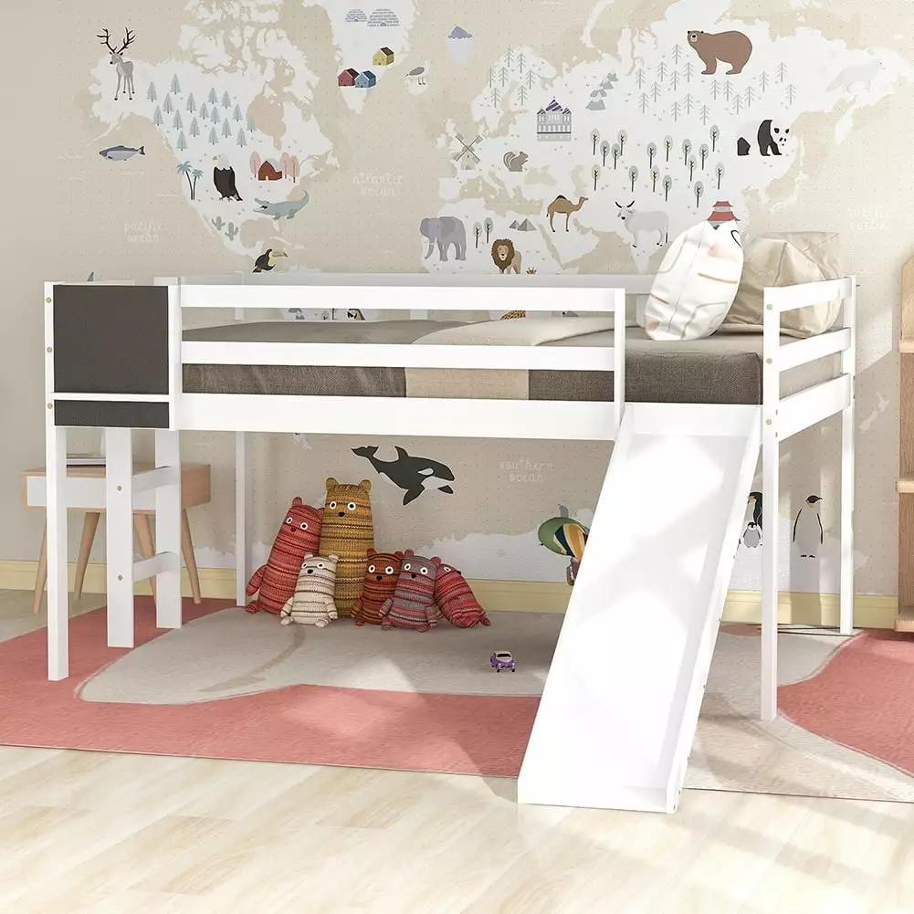 Canddidliike Kids Wood Loft Bed Slide Ladder and Chalkboard Full Size White