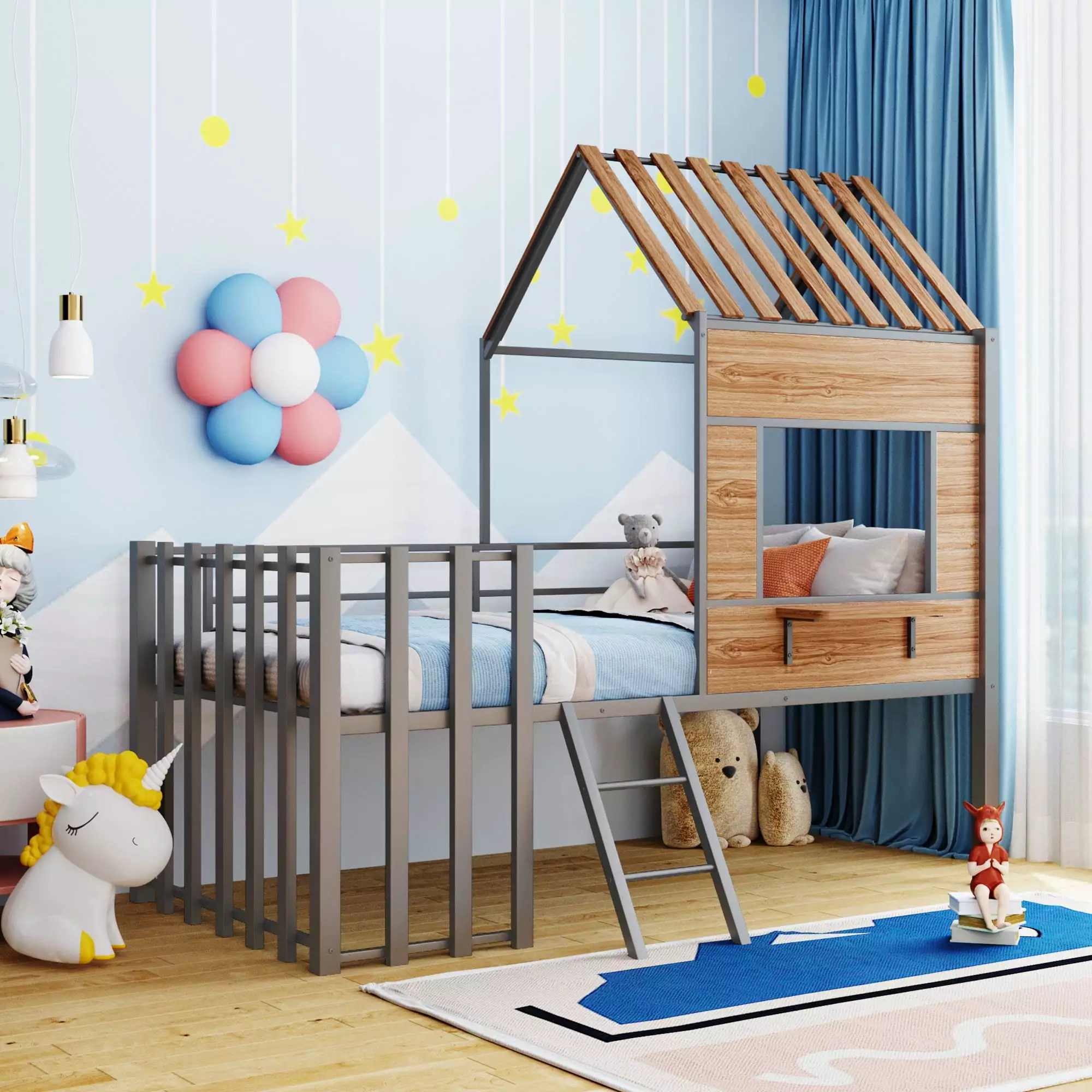 Churanty Metal Houtilize Loft Bed Twin Size Kids Low Loft Bed Roof and Window Silver