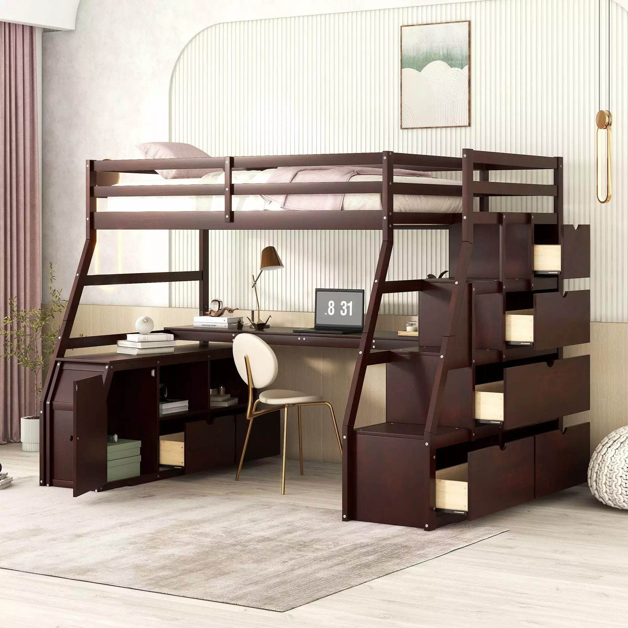 Churanty Twin Loft Bed Stairs and Desk Wooden Staircase Loft Bed Drawer Steps and Shelves Kids Espresso