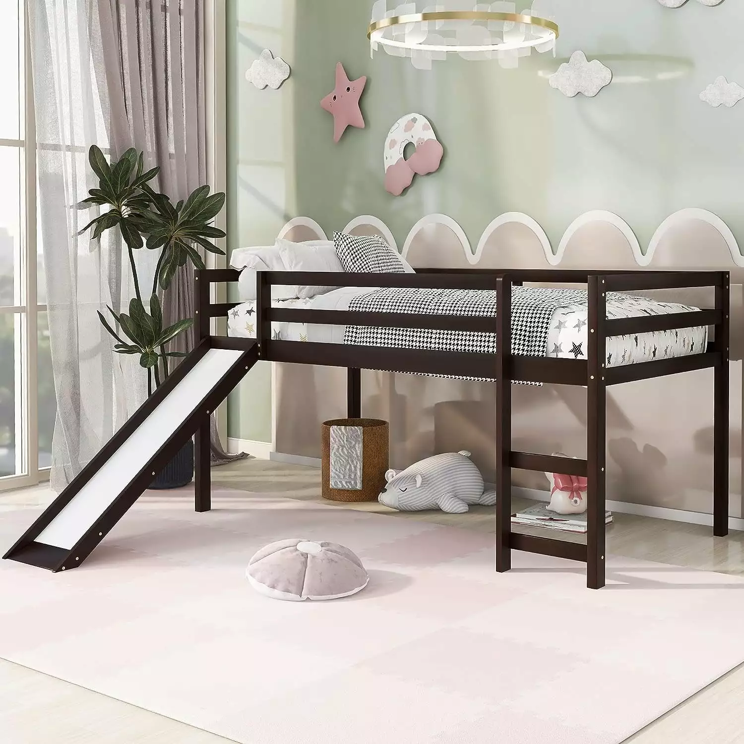 DEALTOPS 79.5 Twin Size Junior Wood Loft Bed Slide Black Kids