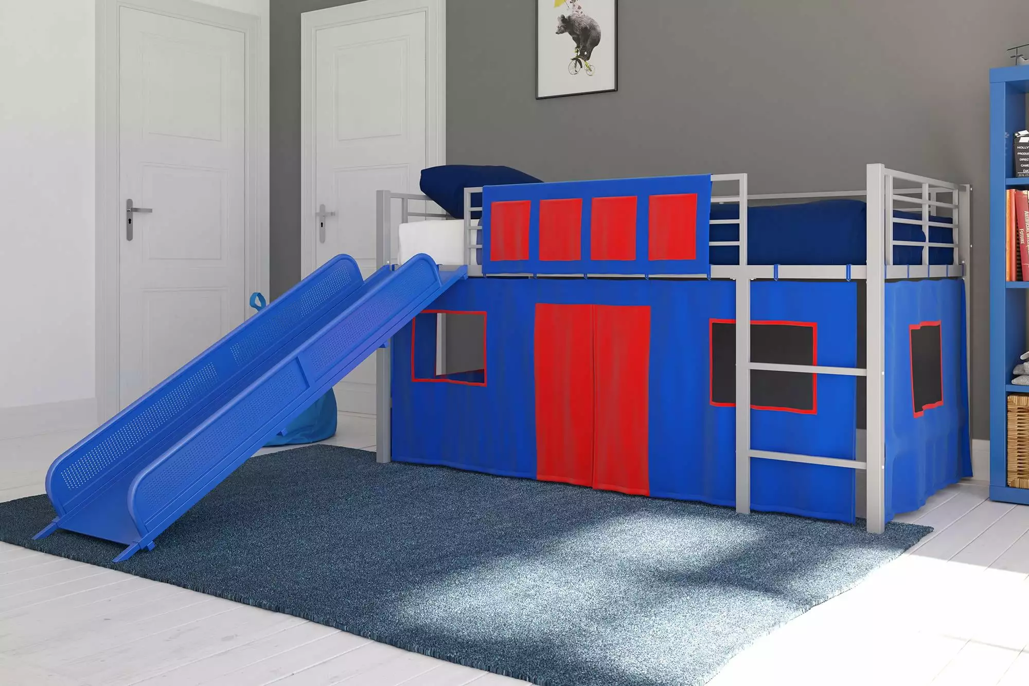 DHP Laurie Junior Twin Metal Loft Bed Blue Slide and Blue Curtain