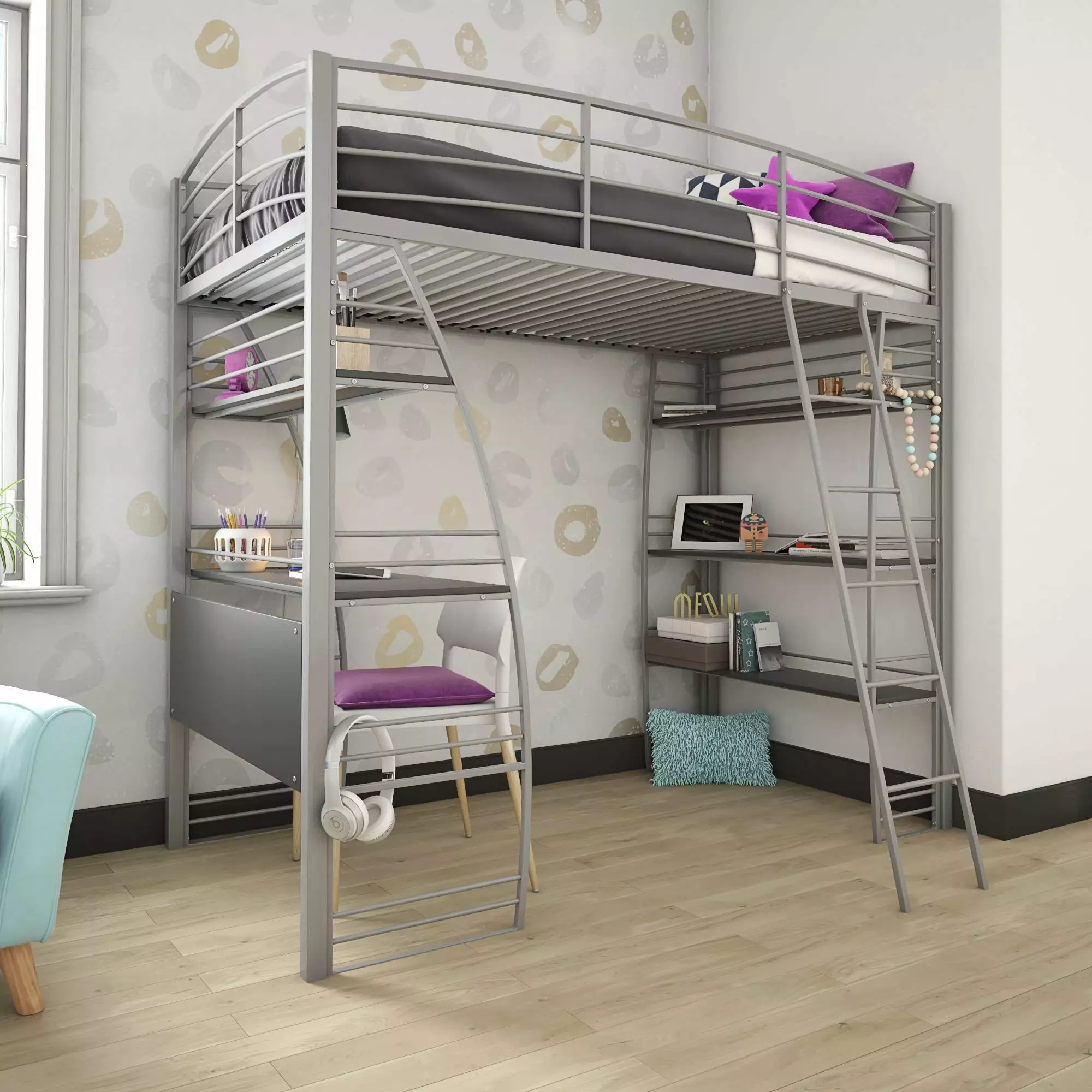 DHP Sage Studio Twin Metal Kids Loft Bed Desk and Shelves Silver Finish