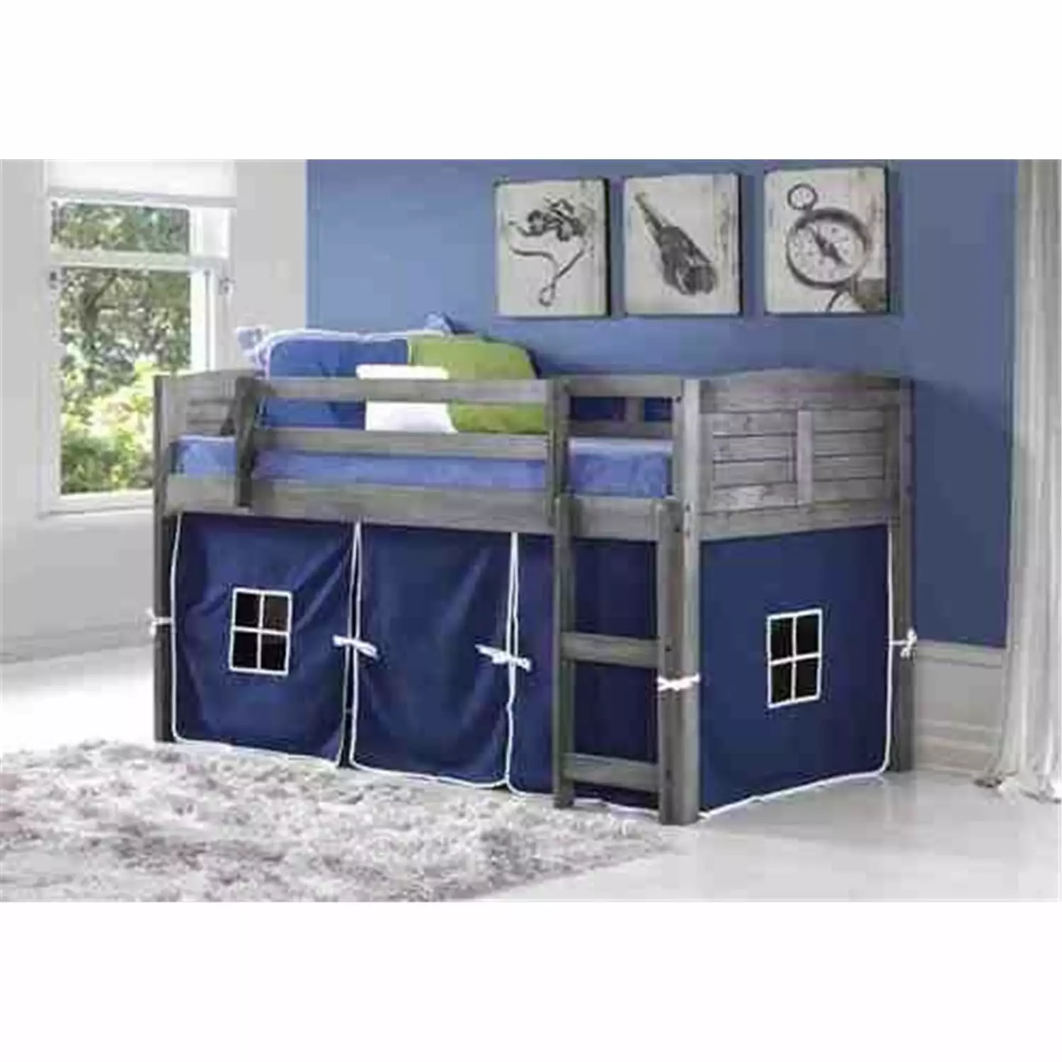 Donco Kids Louver Twin Antique Grey Low Loft Bed Blue Tent Boys Girls