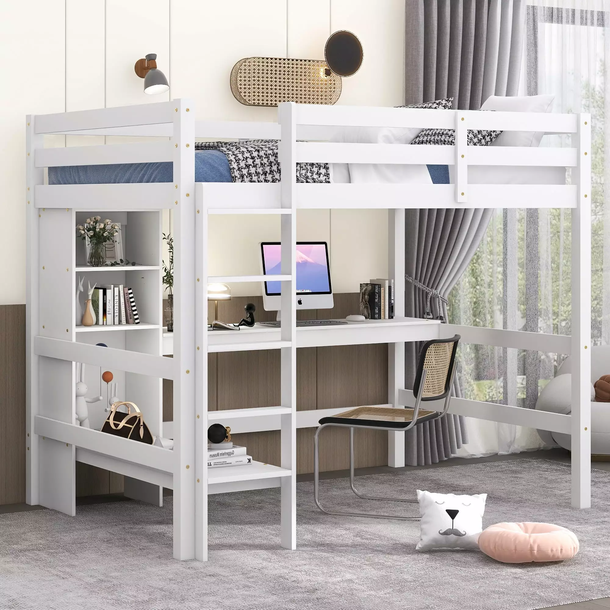 Euroco Full Size Loft Bed Desk Shelves and Bench Solid Wood Kids Room Furniture White